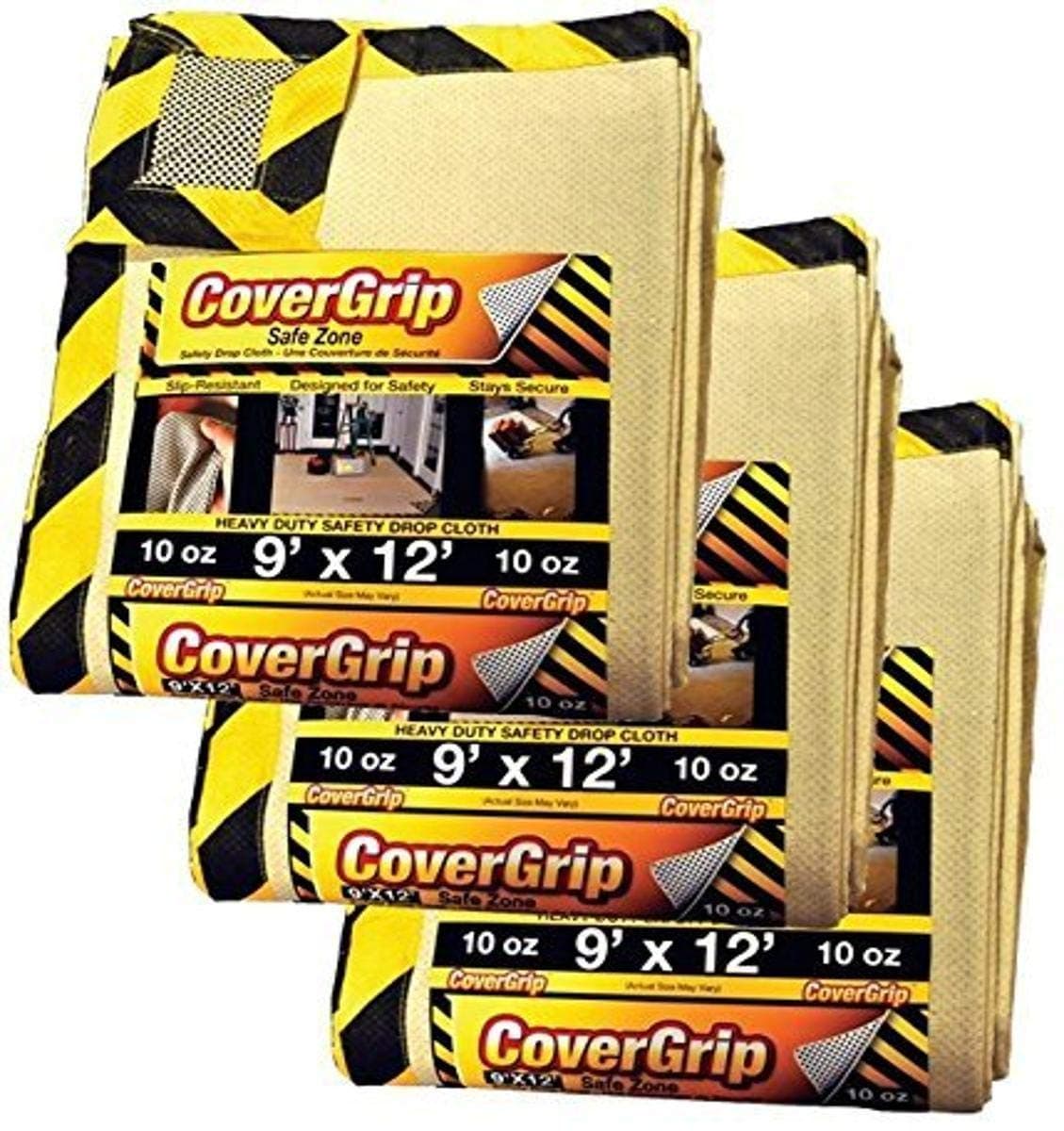 Heavy Duty Safe Zone 10 Oz Canvas Safety Drop Cloth, 9' x 12', (Pack of 3)