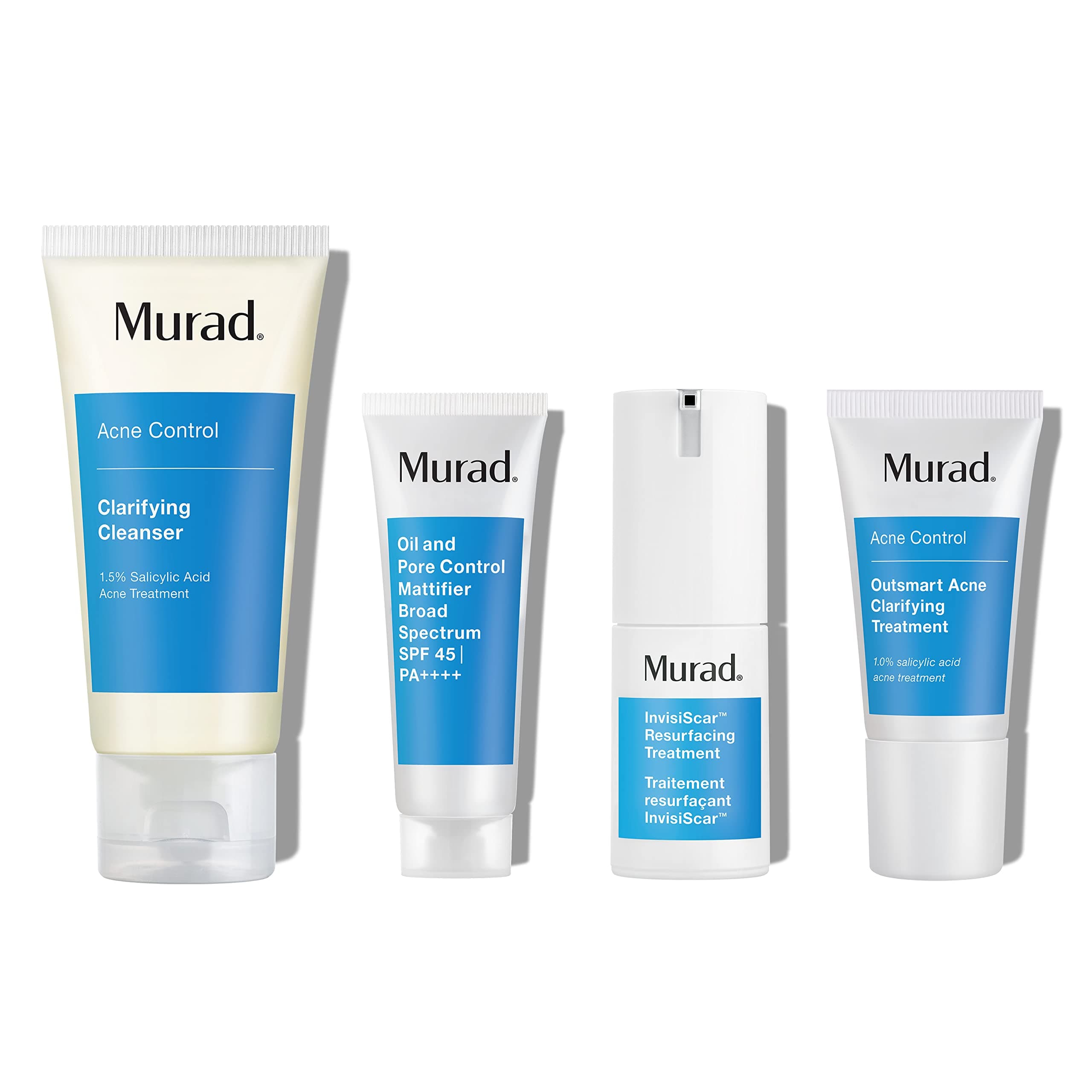 Murad 30-Day Invisiscar Acne Kit - 4-Piece Set $85 Value - Clarifying Cleanser, Oil & Pore Control Mattifier, Outsmart Acne Treamant, full size InvisiScar Treatment