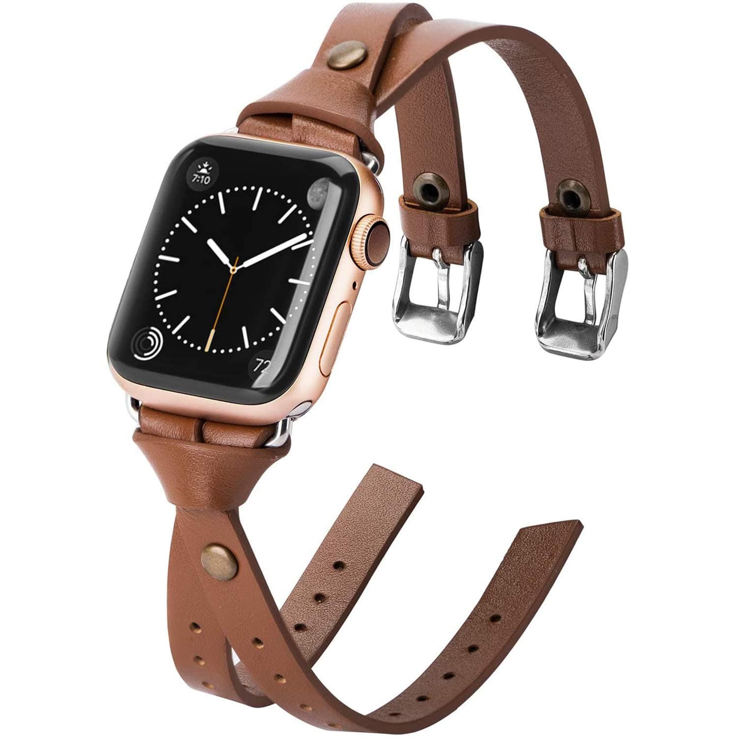 Minyee Leather Bands Compatible with Apple Watch 42mm for iWatch SE Womens Double Knotted Fasten 44mm Wristband Stylish Rose Gold Strap Unique Rivet Bracelet Series 6 5 4 3 2 1 (42mm/44mm, Brown)