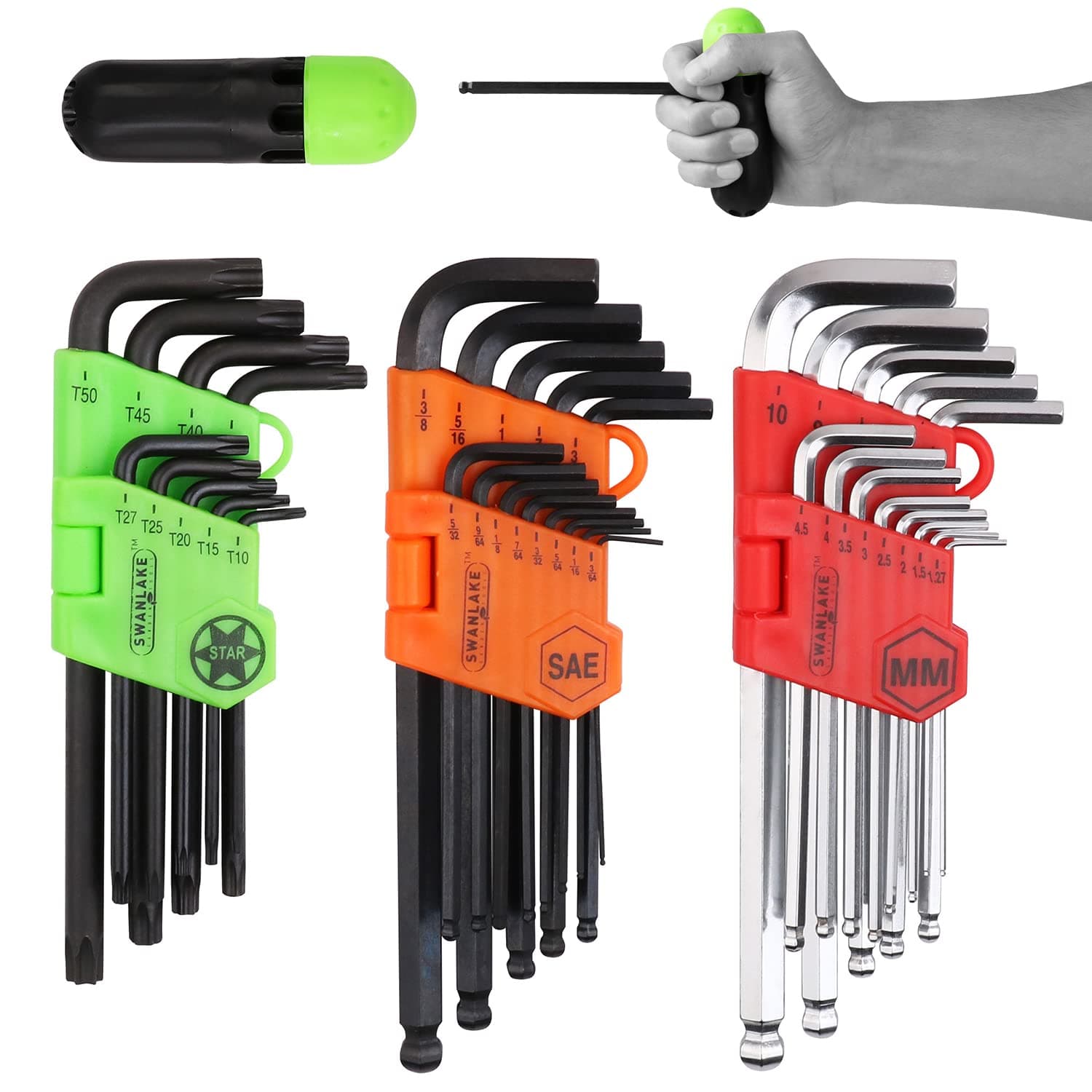SWANLAKE Allen Wrench Set, Hex Key Set Long Arm Ball End Hex Wrench Set, Inch/Metric/Torx T Handle Allen Wrench Set