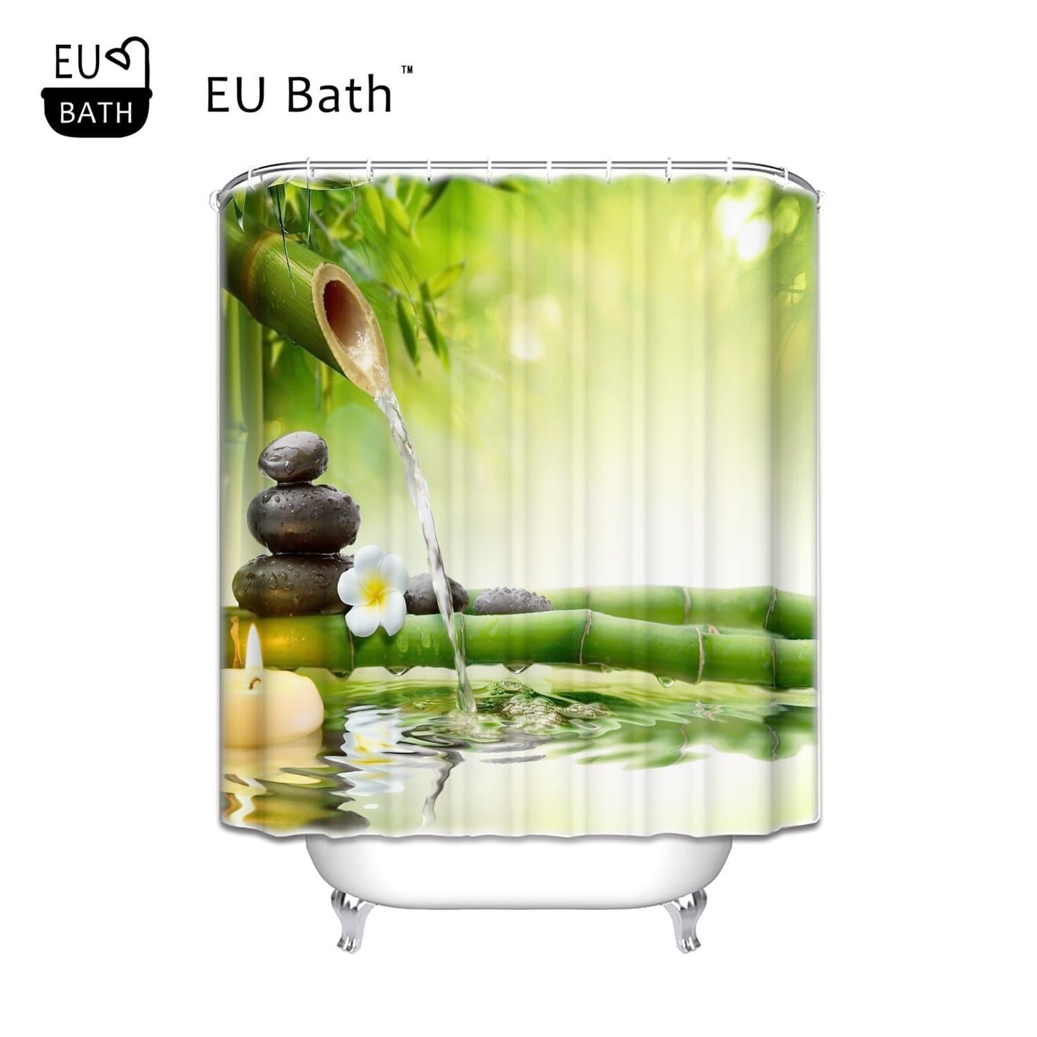 EU Bath Custom Print Design Zen Garden Jasmine Flower Relaxation Green Bamboos Yellow Candles Waterproof Shower Curtain Spa Decor Bathroom Decoration Mildew Waterproof66"(w) x 72"(h)