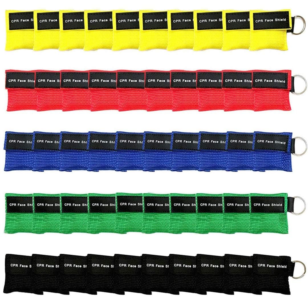 Set of 50 CPR Mask, Disposable CPR Shield Mask Emergency Mask Key Chain Ring ,with One-Way Valve Breathing Barrier for First Aid or AED Training (Colorful-50PCS)