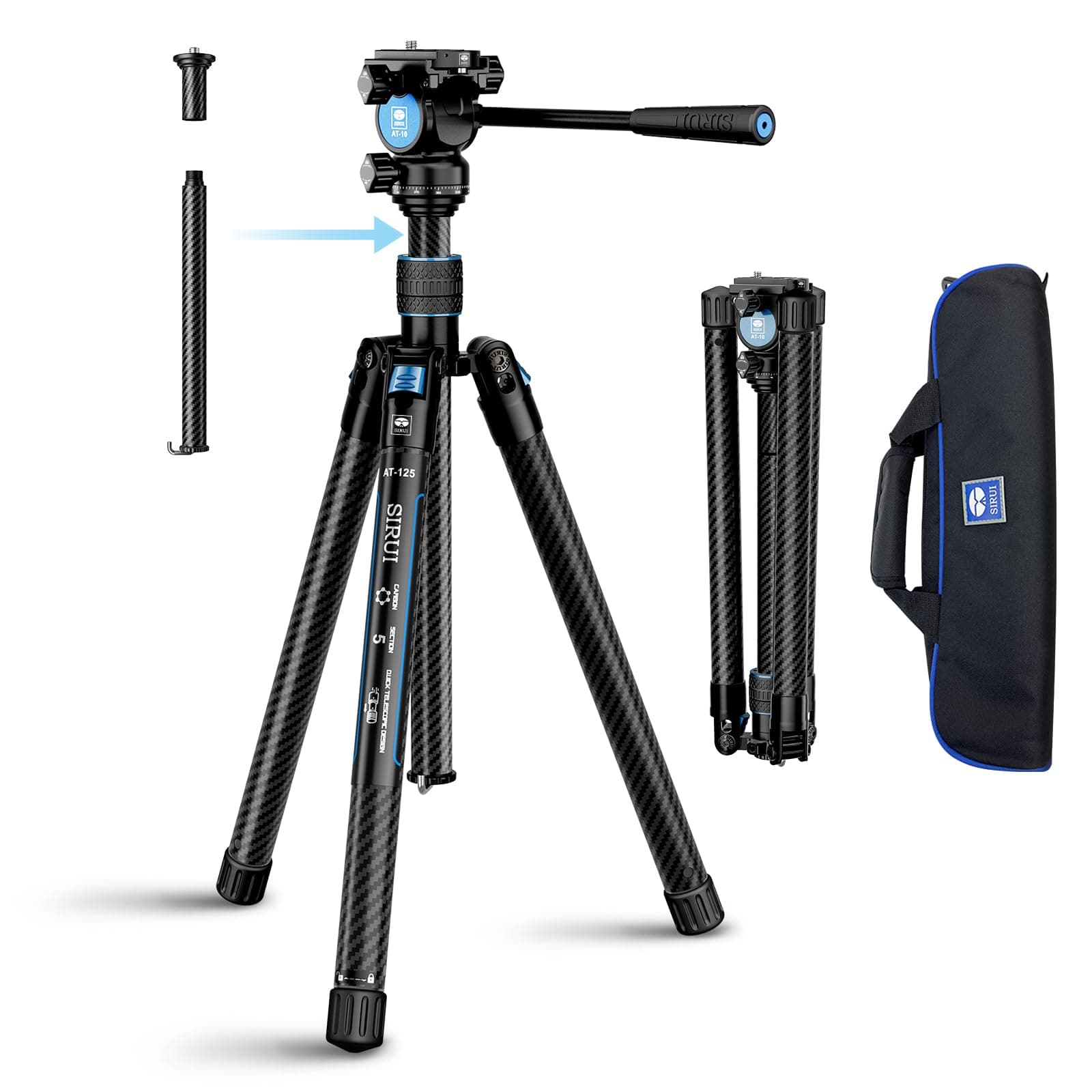 Carbon Fibre Tripod for Camera, 152cm Compact Lightweight Tripod with Fluid Head AT-10, for Camera, DSLR, Camcorder, Macro Shooting, Max Load 5kg, Traveler X