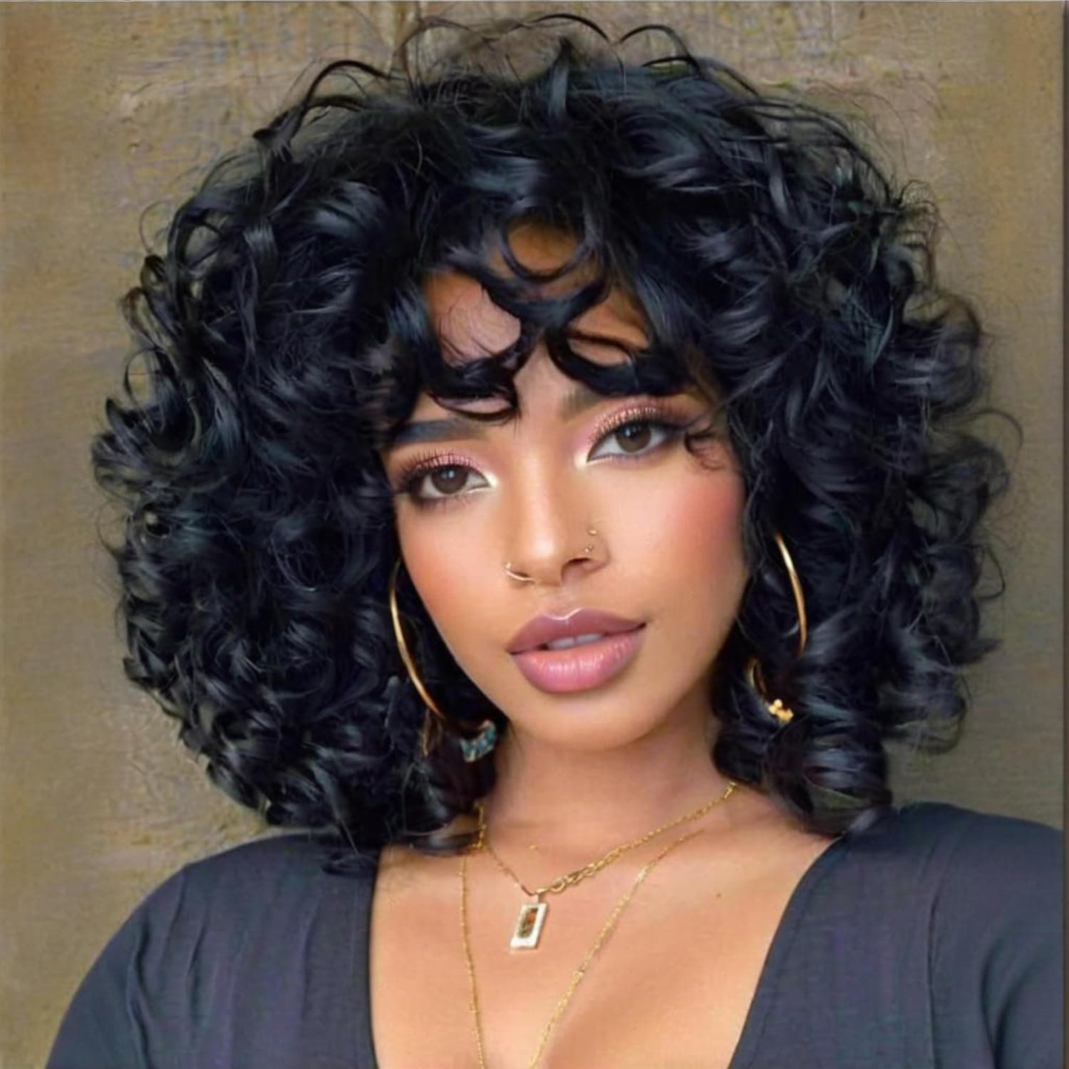 Short Curly Wigs for Black Women Soft Black Big Curly Wig with Bangs Afro Kinky Curls Heat Resistant Natural Looking Synthetic Wig for African American Women （Black）