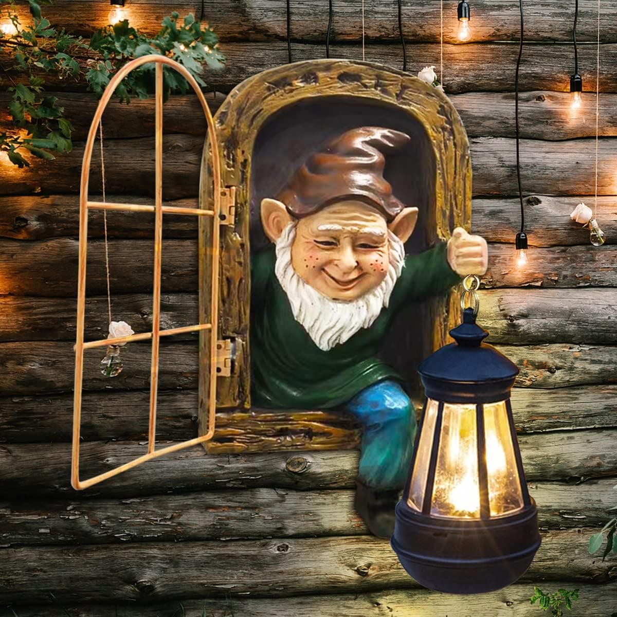 Gnomes Statue with Solar Lights Spring Decorations Whimsical Fairy Garden-10 Inch Elf Outdoor Tree Hugger Garden Statues- Tree Face Sculpture, Yard Art for Patio,Fence,Lawn,Wall Gnomes Ornament