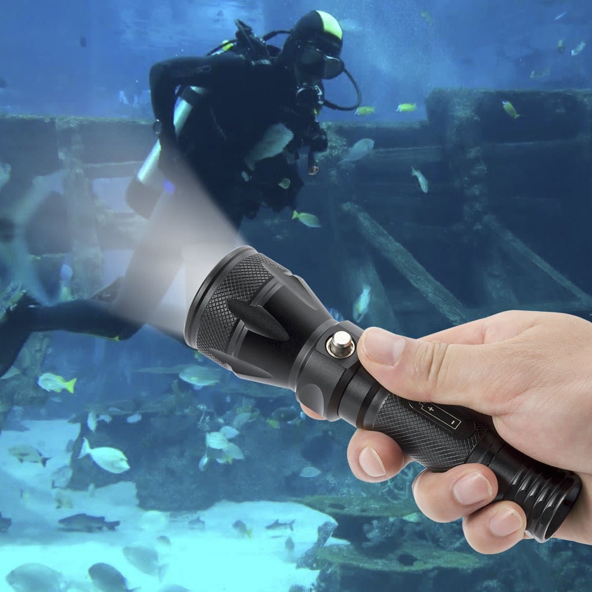 Scuba Diving-Flashlight XM-L2 Underwater Torch 100m Waterproof Submarine Diving Light Tactical Lamp Black(Battery & Charger Not Included)
