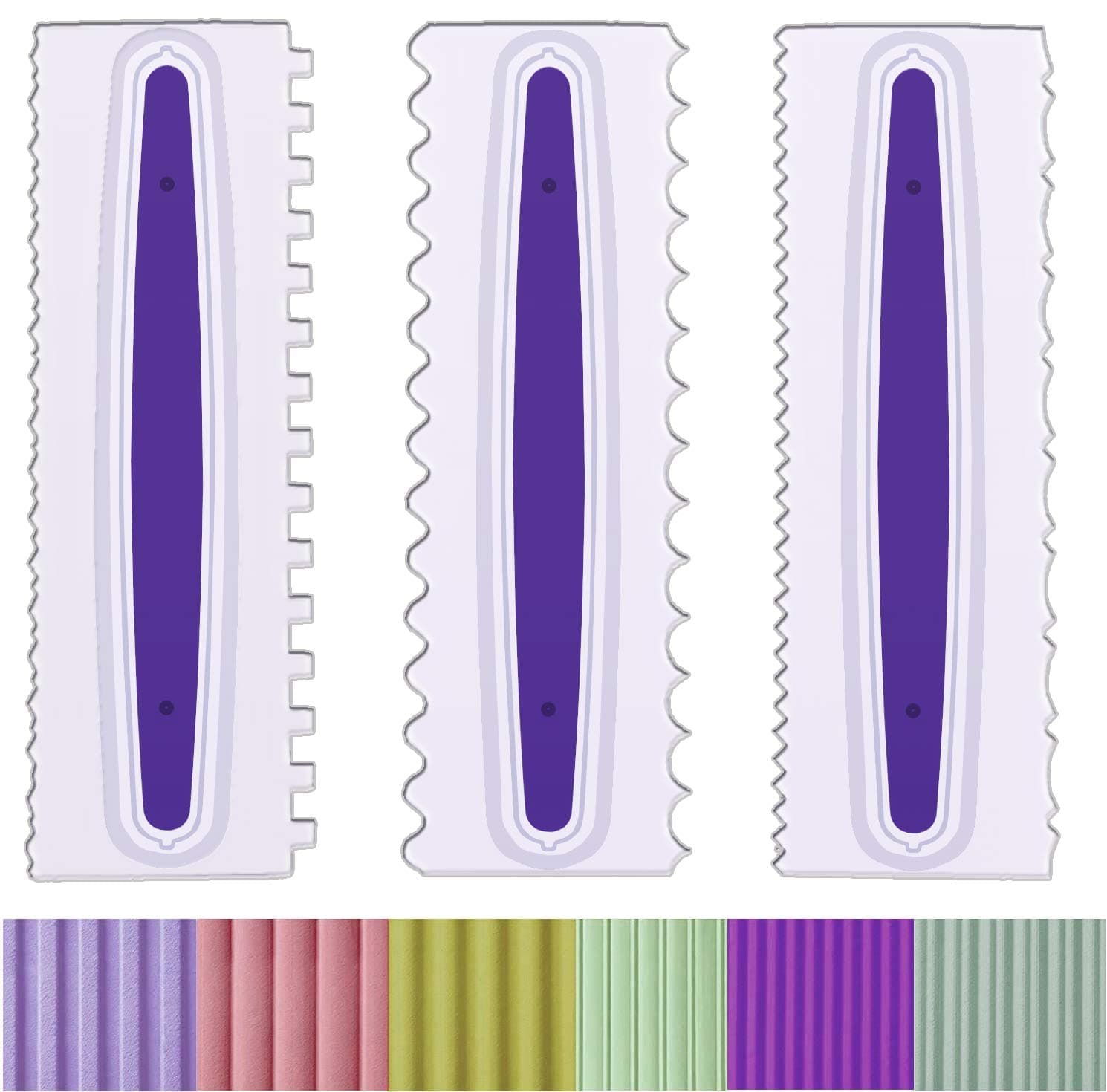Antallcky Decorating Comb and Icing Smoother Set of 3 Pack Decorating Mousse Butter Cream Cake Edge Tools, Plastic Sawtooth Cake Scraper Polisher 6 Design Textures-White/Purple