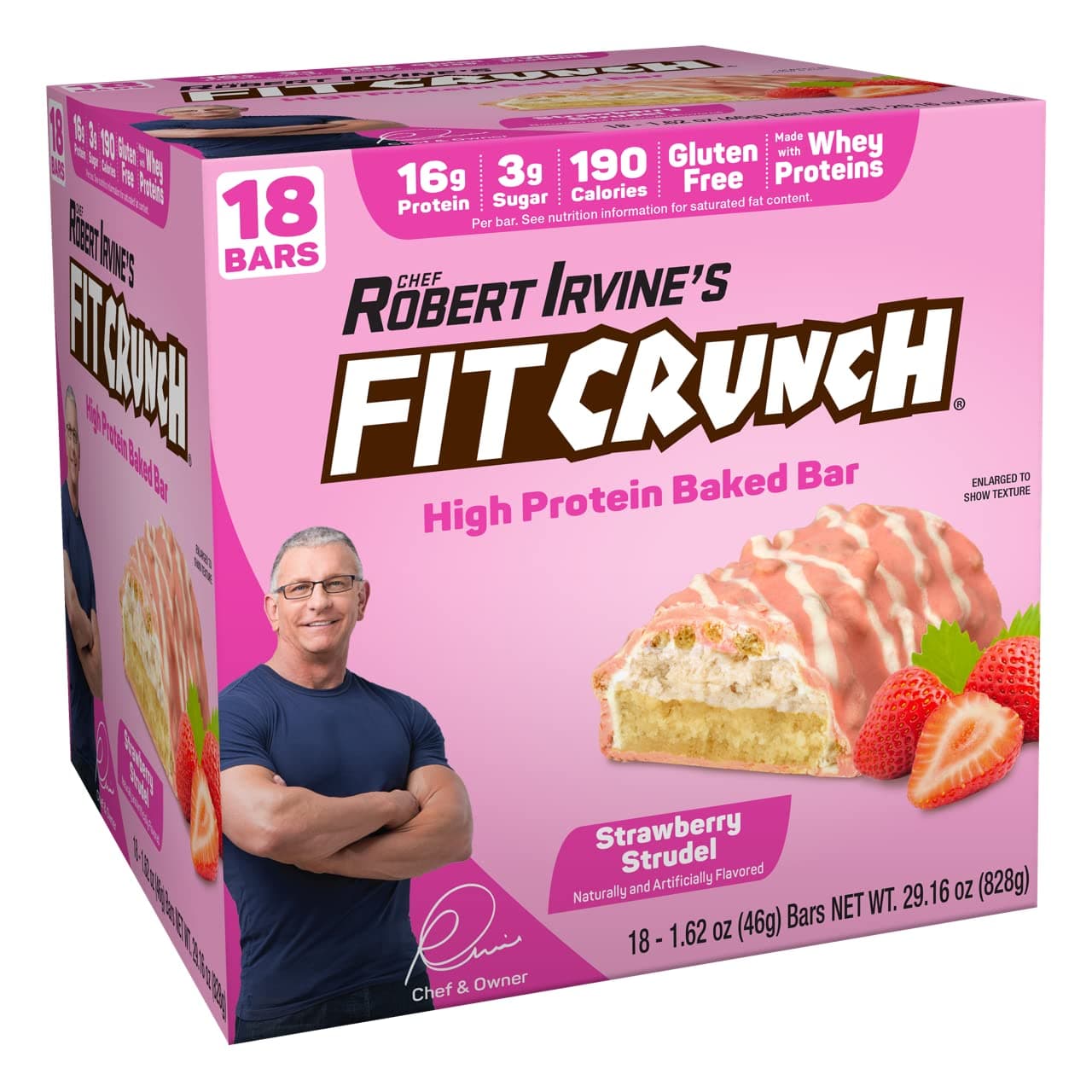 Snack Size Protein Bars, Designed by Robert Irvine, 6-Layer Baked Bar, 3g of Sugar & Soft Cake Core (18 Bars, Strawberry Strudel)