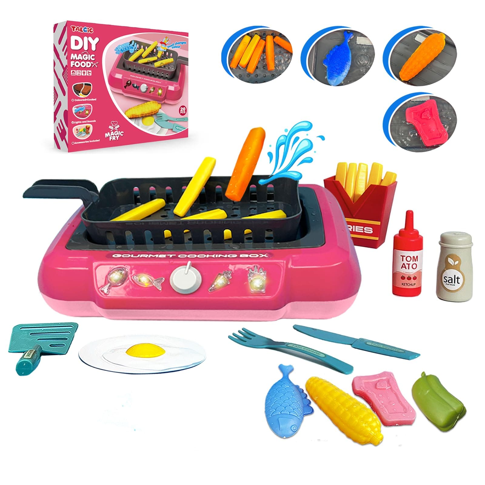 Cooking Simulator Toy with Color Changing Accessories, 20 PCS Fun Frying Kit Gourmet Cooking Box, Magic Fry Simulation Cooking Toy with Sound & Light & Bubble Grill Surface for Kids 3-8-Pink