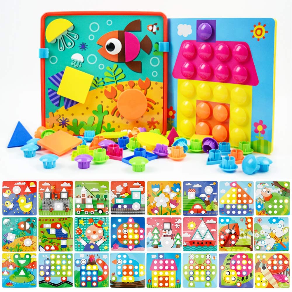 JoyGrow Button Art Toys Color and Geometry Shape 2 in 1 Matching Mosaic Pegboard Early Learning Educational Toy for Boys and Girls