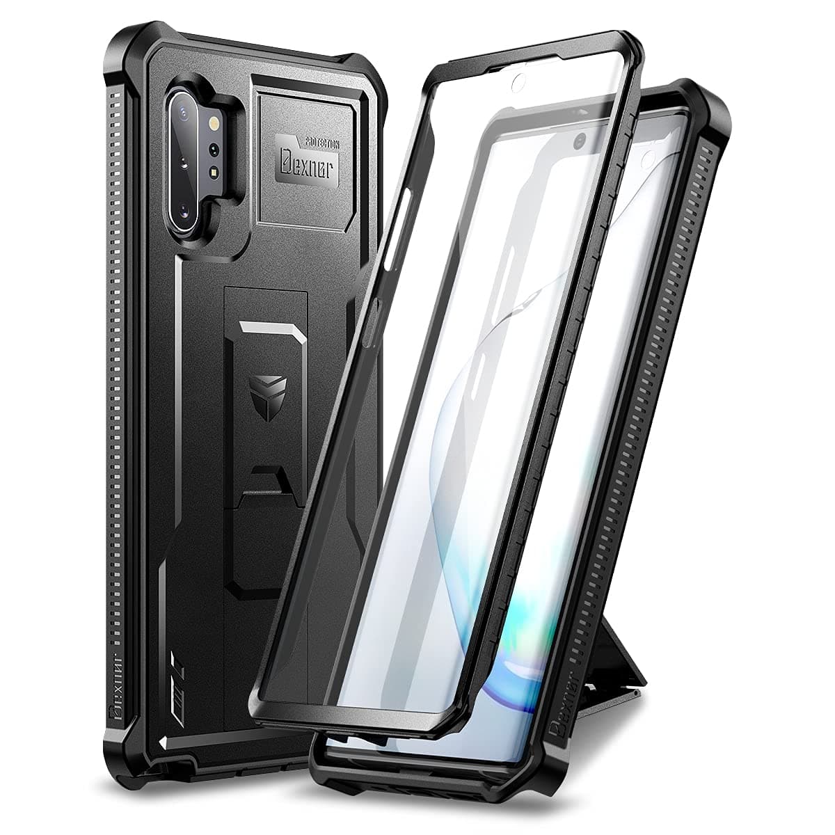Dexnor Polycarbonate For Samsung Galaxy Note 10+Plus Case[Built In Screen Protector&Kickstand] Heavy Duty Military Grade Protection Shockproof Protective Cover For Samsung Galaxy Note 10 Plus Black