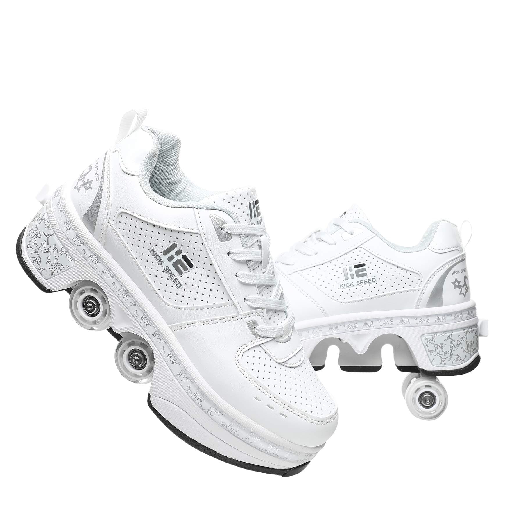 2-in-1 Roller Skates Shoes with Retractable 4 Wheels & Pop-Out Deformation Sneakers Outdoor Sports Skating Shoes for Girls Boys