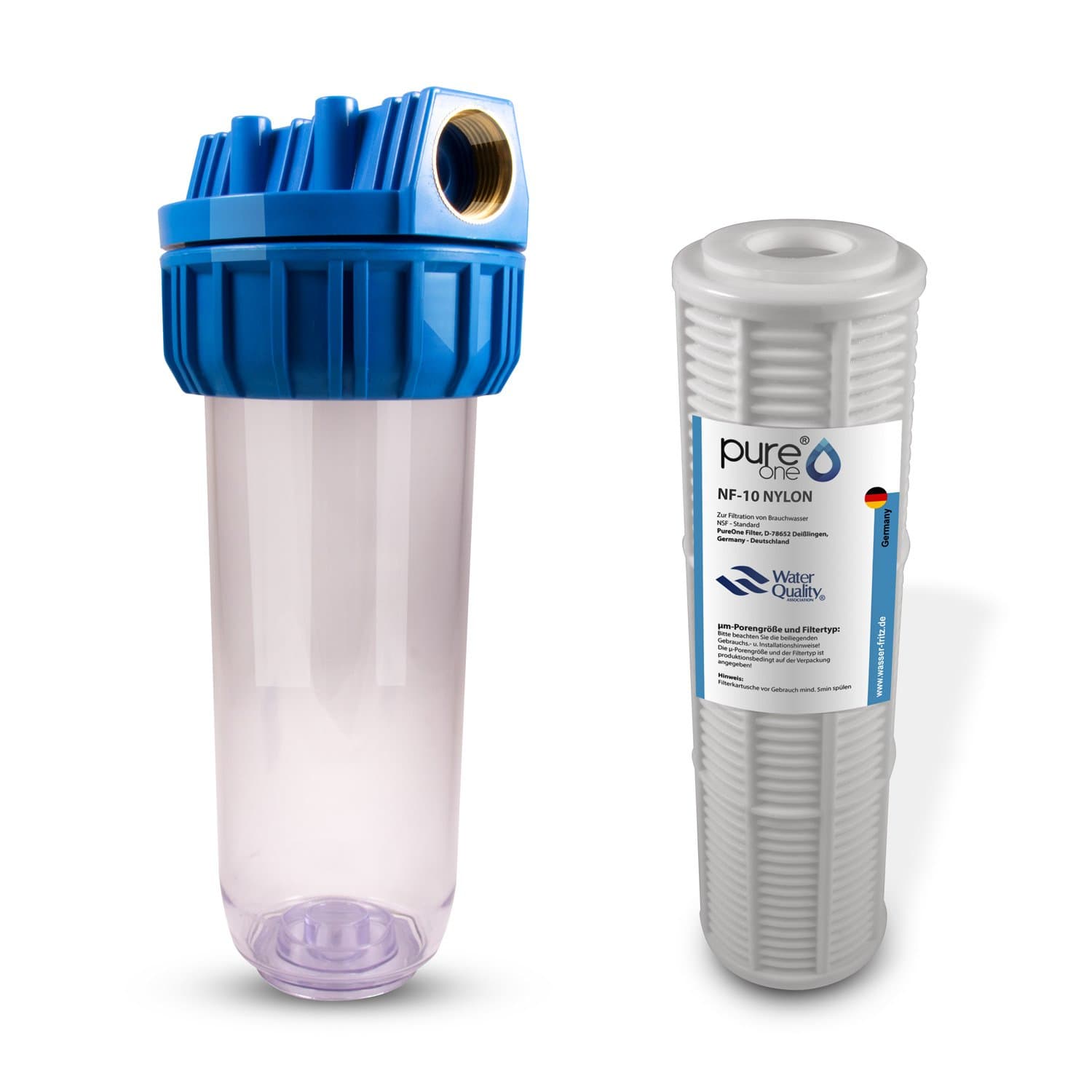 PureOne NS1 Nylon Set 80 µm 1 Filter System Sediment Filtration, Pump Protection Filter Housing with NF Electric Nylon Filter Cartridge 10 Washable for Well Water Butt 10 Inch