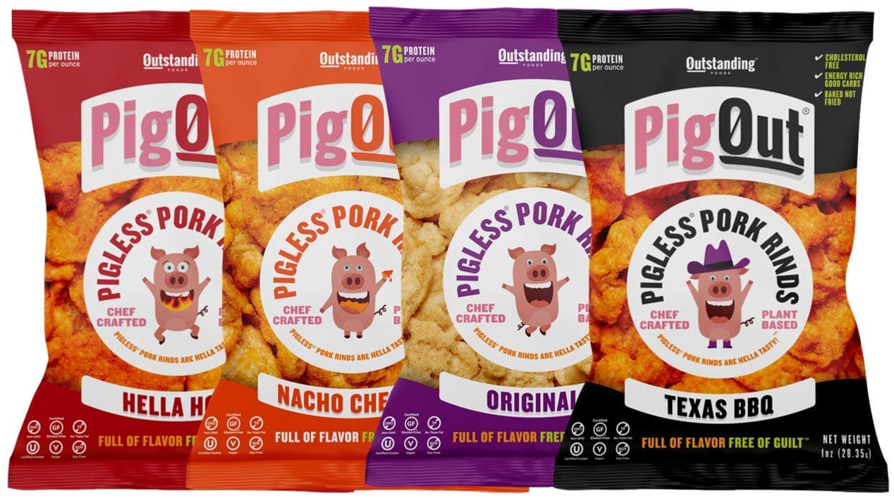 PigOut Pigless Pork Rinds | Plant-Based, Gluten Free, Kosher, Non-GMO | High Protein & Low Sugar | 1oz. Variety 4 Pack
