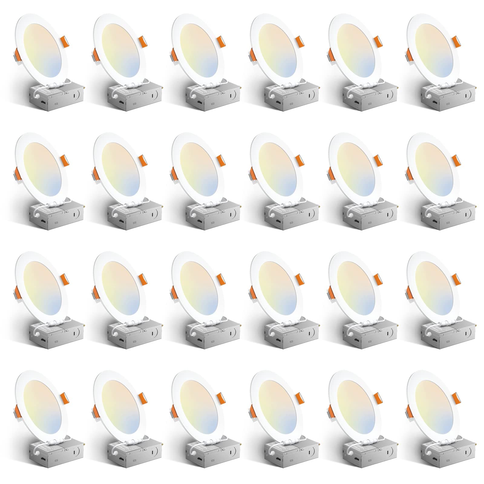 Amico 24 Pack 6 Inch 5CCT Ultra-Thin LED Recessed Ceiling Light with Junction Box, 1050LM Brightness, Dimmable Canless Wafer Downlight, 12W, ETL&FCC