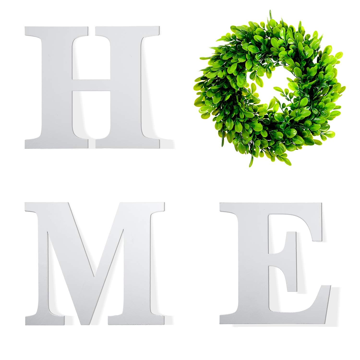 Wooden Letters Home Sign Artificial Wooden Letters H M E with Round Boxwood Wreath Unfinished Wood Letter Plastic Green Leaves Wreath for Rustic Home Wall Door Decoration (White)