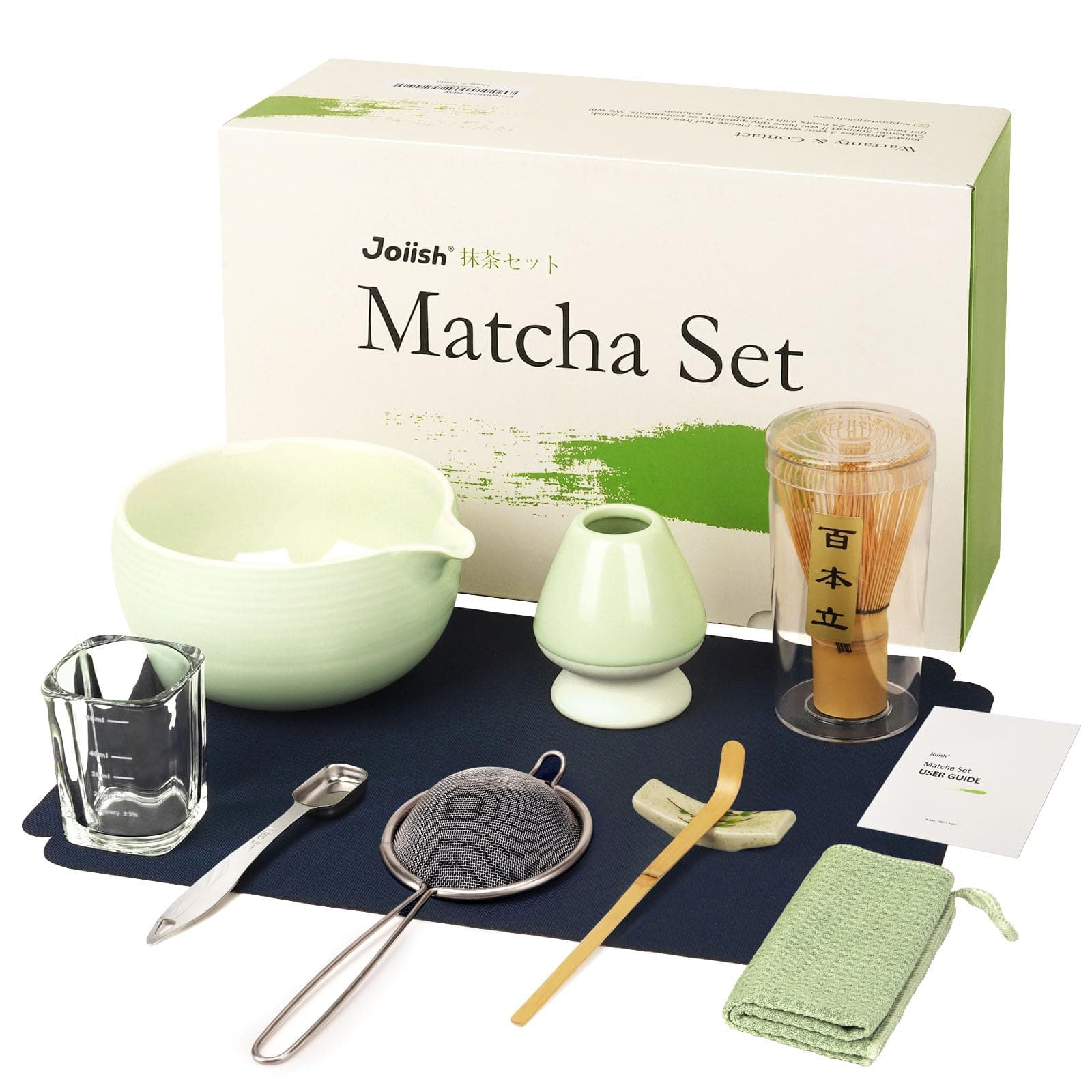 10-Pcs Matcha Set, Bamboo Whisk and Bowl with Spout & Measuring Spoon, Chasen Holder, Sifter, Complete Matcha Tea Kit (Light Green)