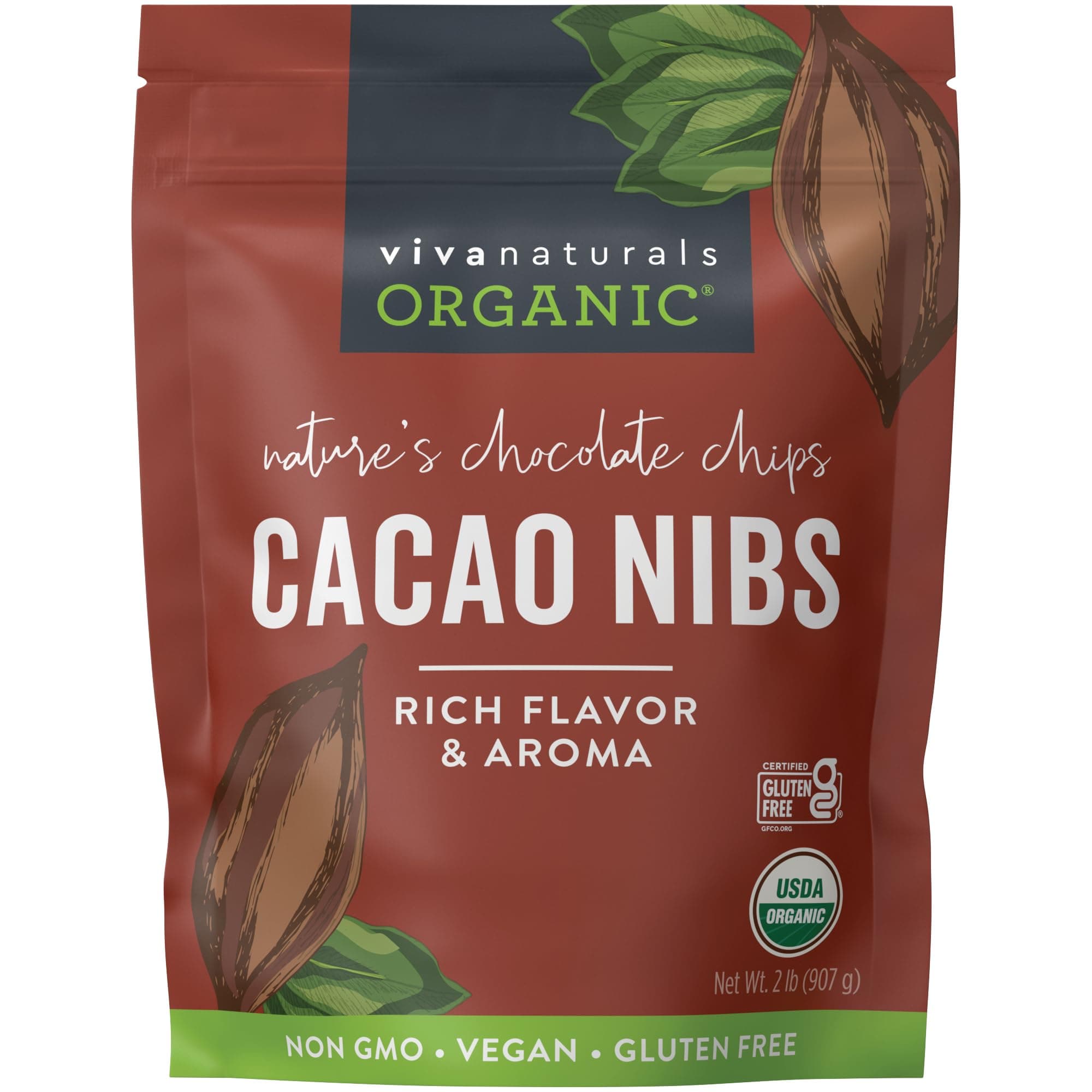 Organic Cacao Nibs, Unsweetened, 2 LB (907 g), Keto Friendly, Vegan, Non-GMO, Gluten-Free Chocolate Chip Substitute