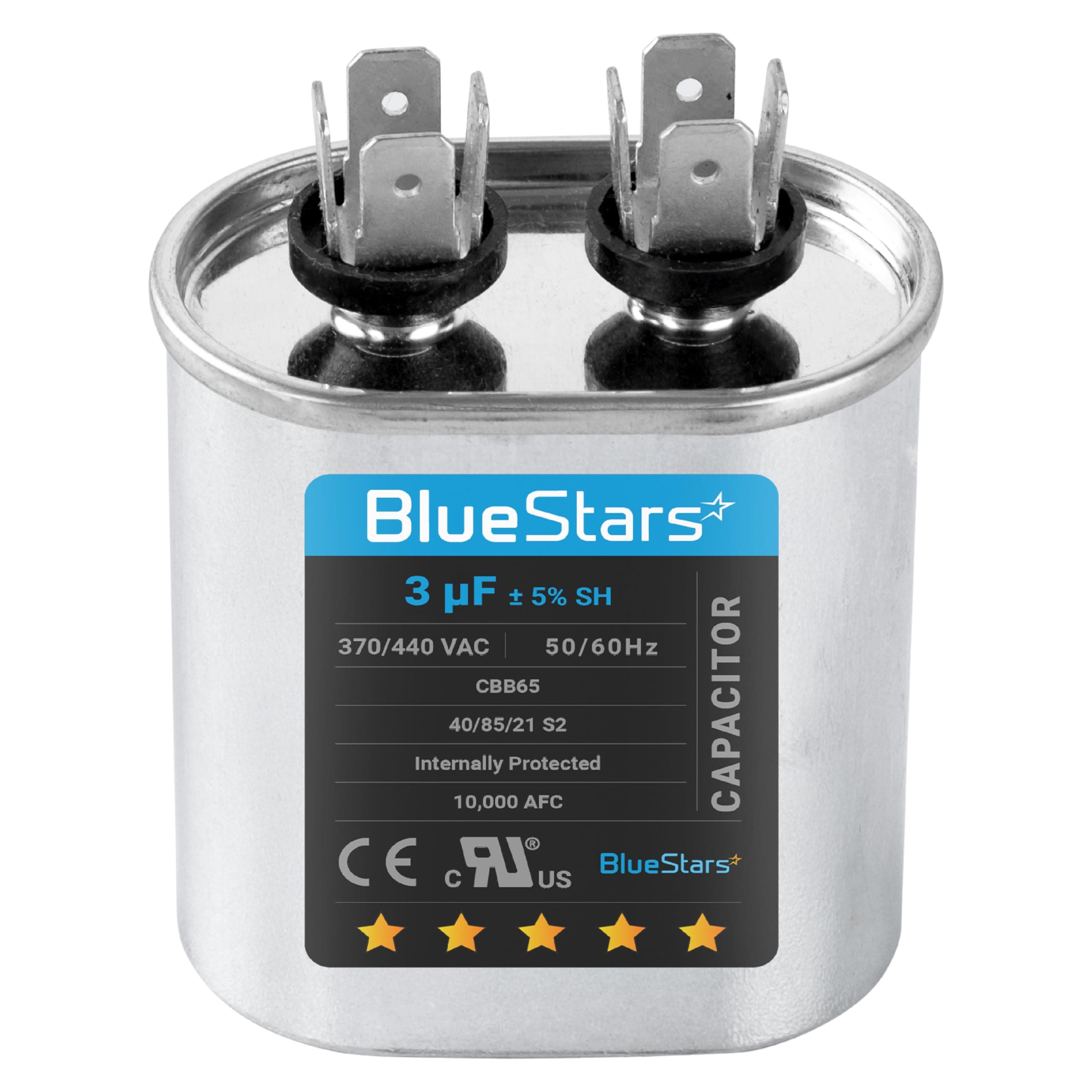 [UL Listed] BlueStars 3 uF MFD ±5% 370-440VAC Volt CBB65 Oval Run Start Capacitor 50/60 Hz AC Electric Replacement Part - for Central Air-Conditioners Heat Pumps Condenser Fan Motors AC Compressors