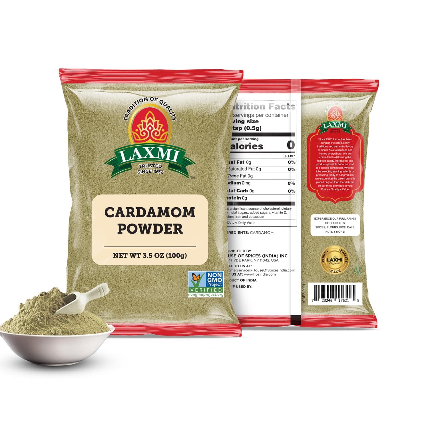 LAXMI BRAND Ground Cardamom Powder, Traditional Indian Cooking Spices - 3.5oz