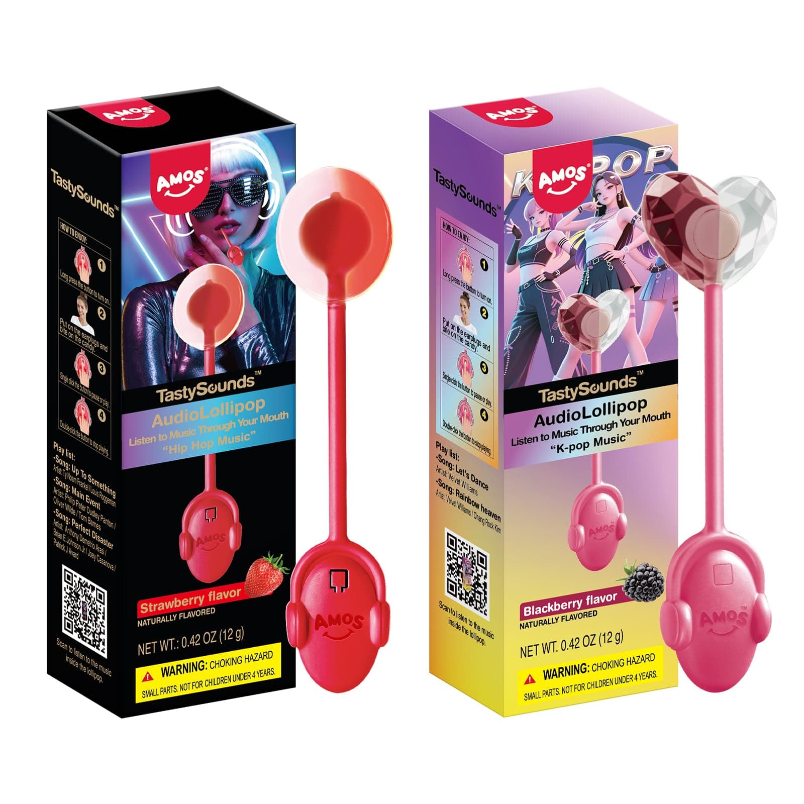 Amos Music Lollipop Candy Suckers, Singing Lollipop Sugar Free, Unique Gift for Men &Women, Individually Wrapped Strawberry and Blackberry Flavor Combo Pack