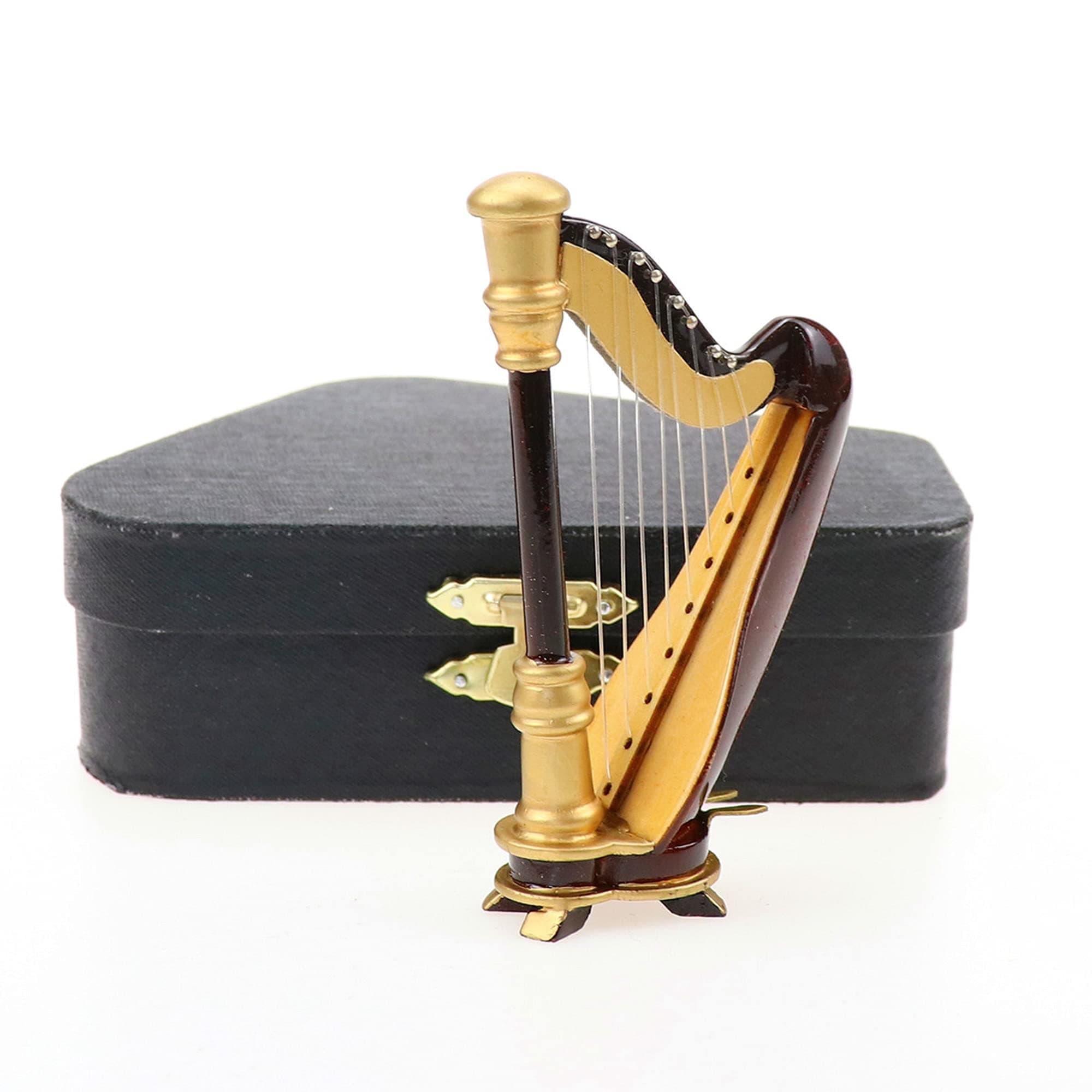 Wooden Miniature Harp with Case Mini Musical Instrument Harp Replica Collectible Figurines Dollhouse Accessories Model Home Decoration Display Ornament (3.54"x1.97"x0.91")