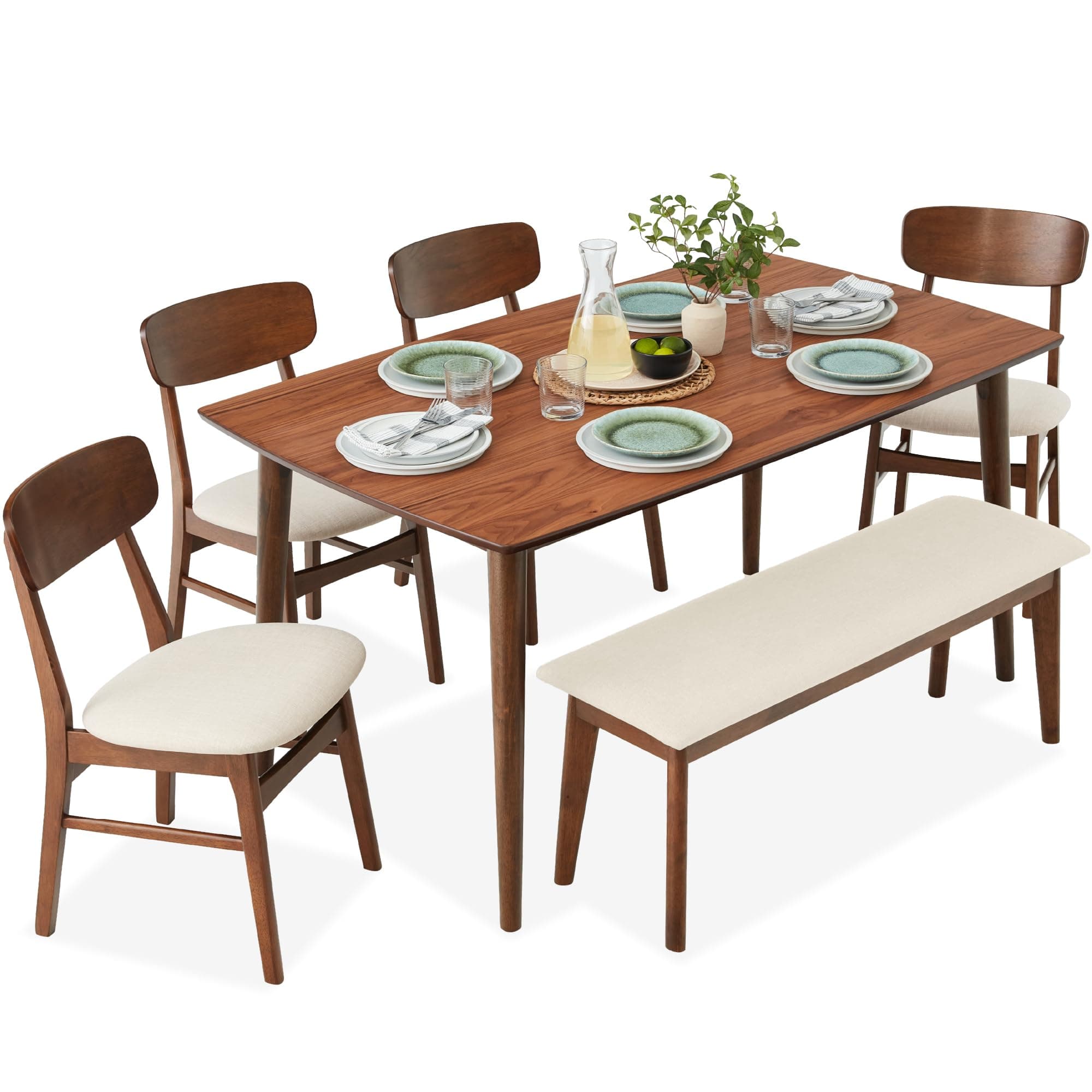 Best Choice Products 6-Piece Wooden Dining Set, Mid-Century Modern Table & Upholstered Chair Set w/Bench Seat, Rubberwood Legs - Walnut/Cream