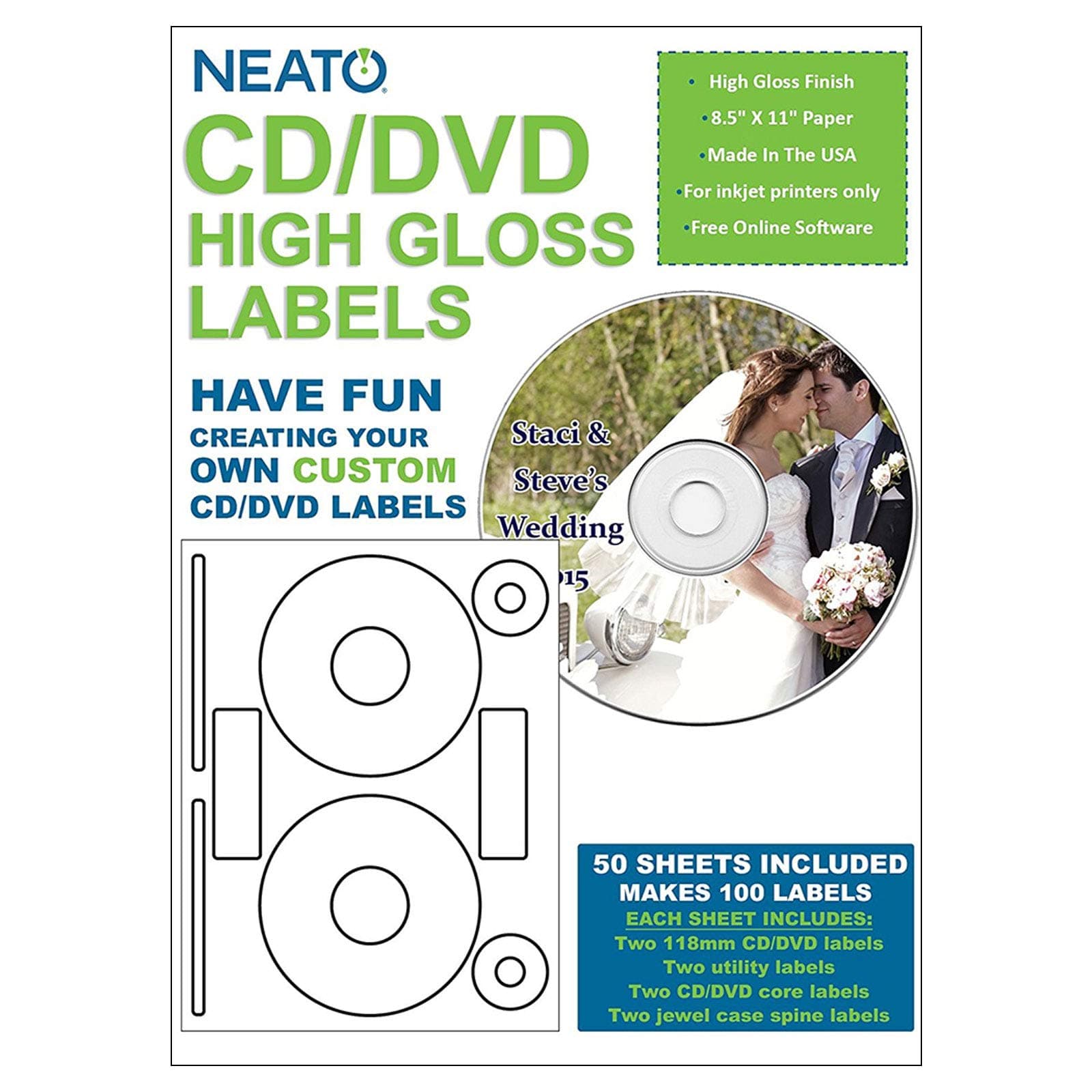 Neato CD/DVD High Gloss Labels – 50 Sheets – Makes 100 Labels Total - Online Design Label Studio Included