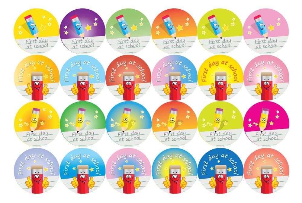 'First day at school' Stickers - 144 x 30mm, Happy, colourful pencil designs, great for small children
