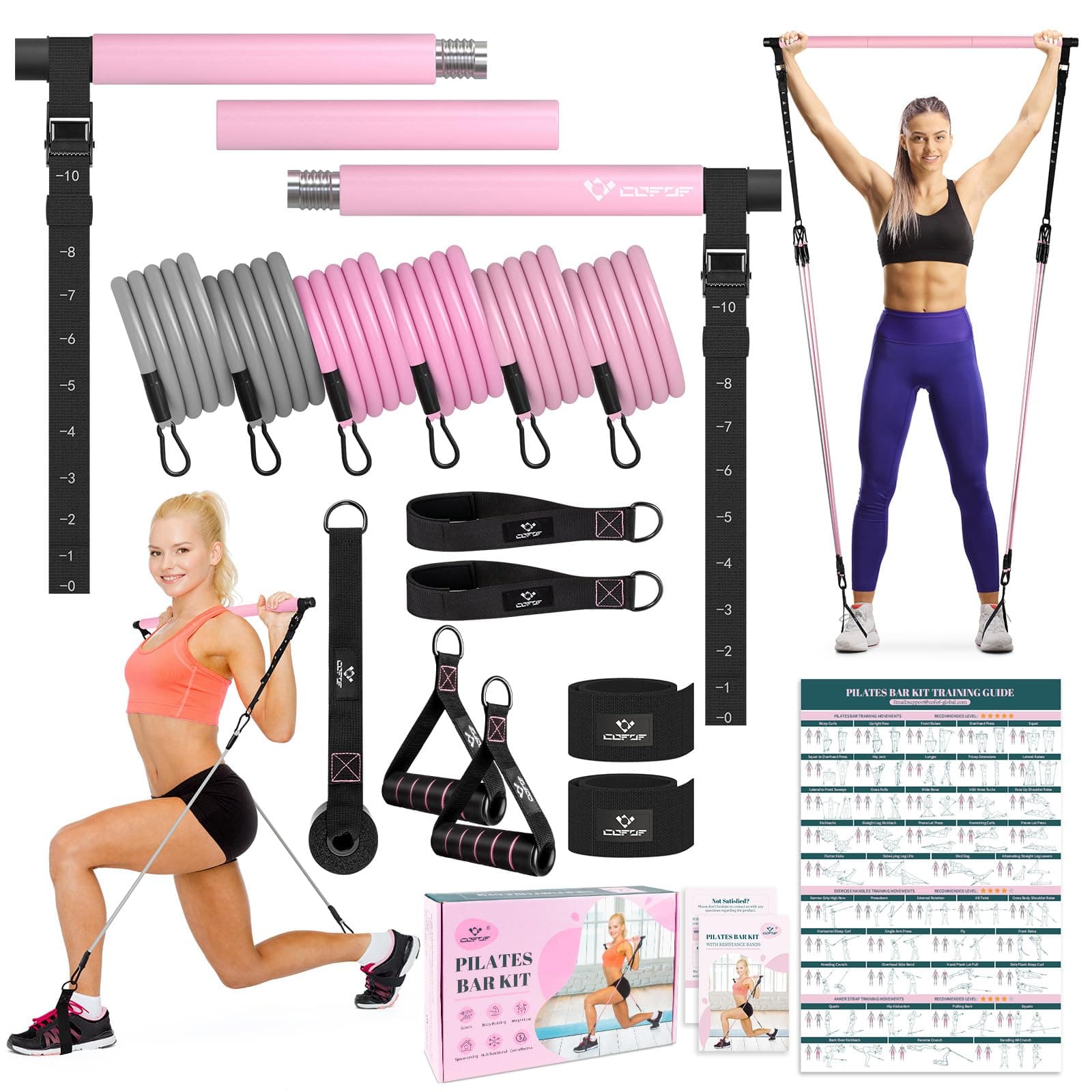 Pilates Bar Kit with Resistance Bands, Multifunctional Yoga Pilates Bar with Heavy-Duty Metal Adjustment Buckle, Portable Home Gym Pilates Resistance Bar Kit for Women Full Body Workouts