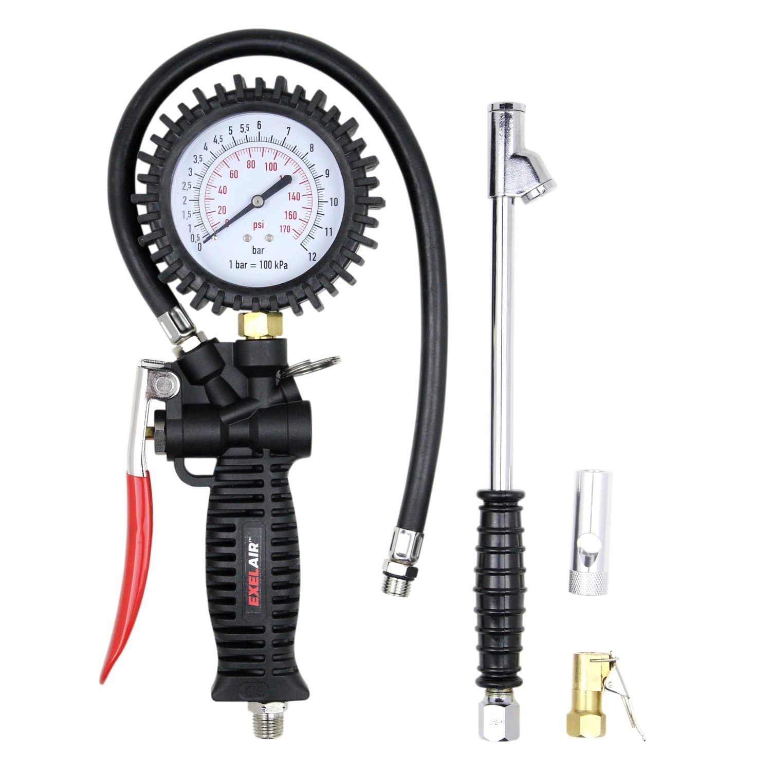 EXELAIR EX536KIT 3-in-1 Professional Analog Pistol Grip Tire Inflator/Deflator Gauge Kit - 16" Hose, Easy-Clip Chuck, Dual Foot Chuck, and Bonus Venturi Tip - 175 PSI