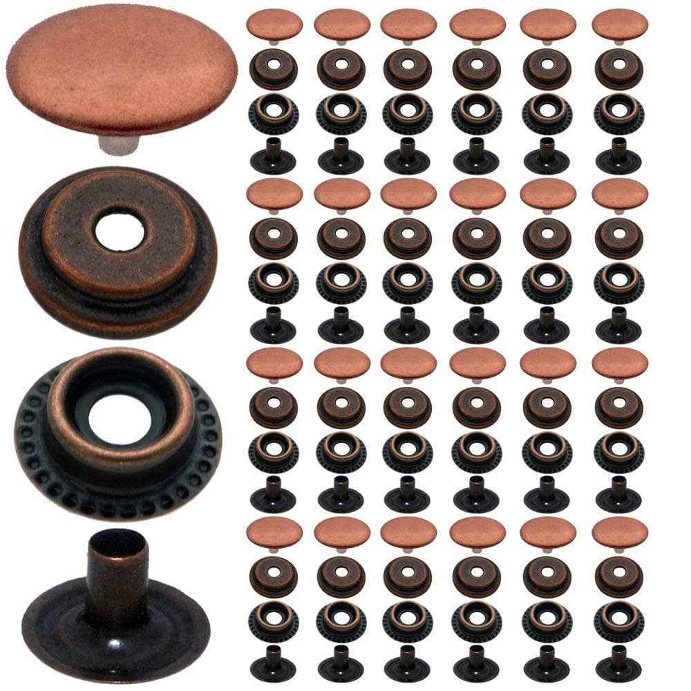 100pcs 15MM Plated Steel Snaps Fastener Snap Press Stud Cap Button Marine Boat Canvas Antique Copper 7mm Height(4 Components, 25pcs for Each)