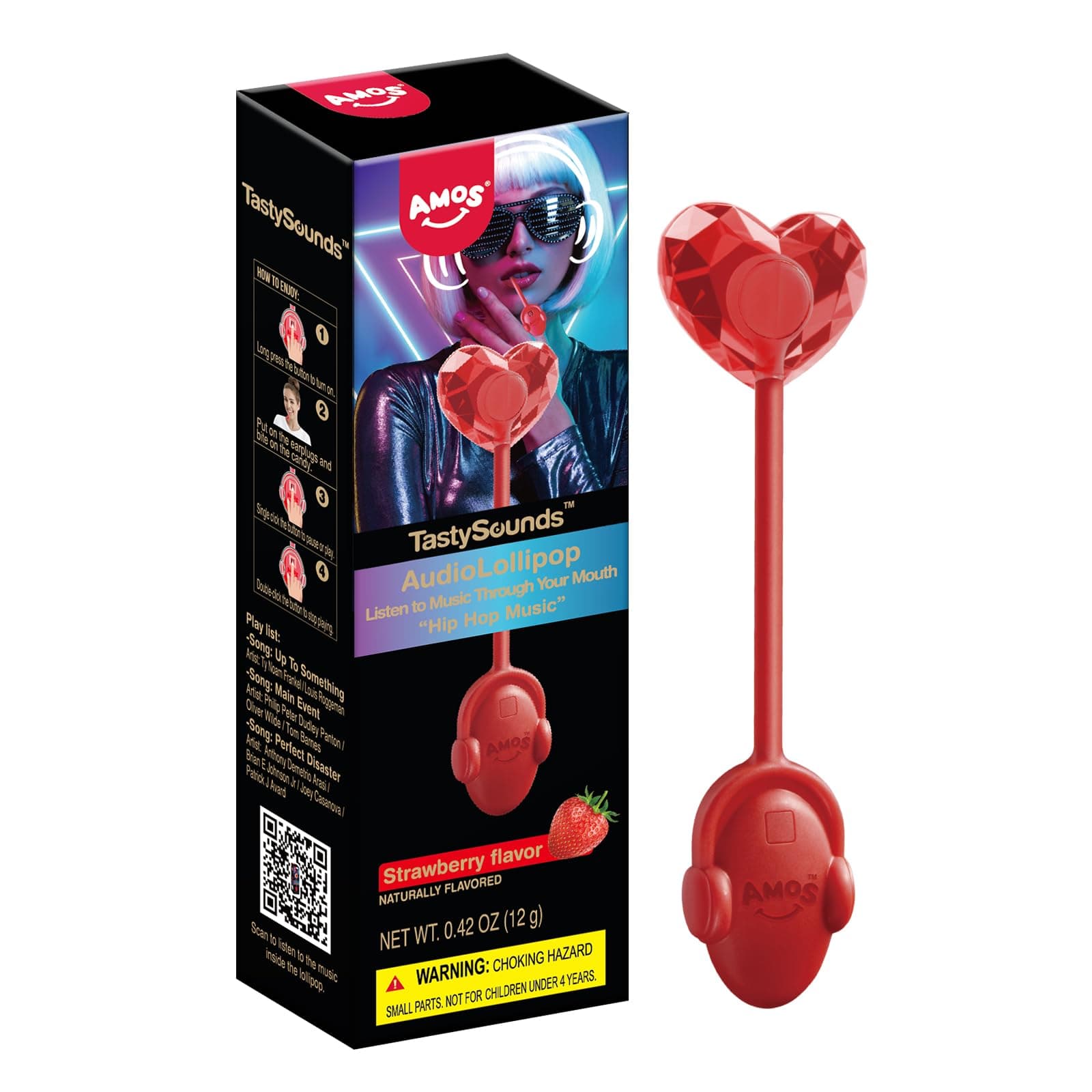 Amos - Musical Lollipops Strawberry Flavor - Sugar Free Audio Singing Lollipop - Unique Gift for Sweeties
