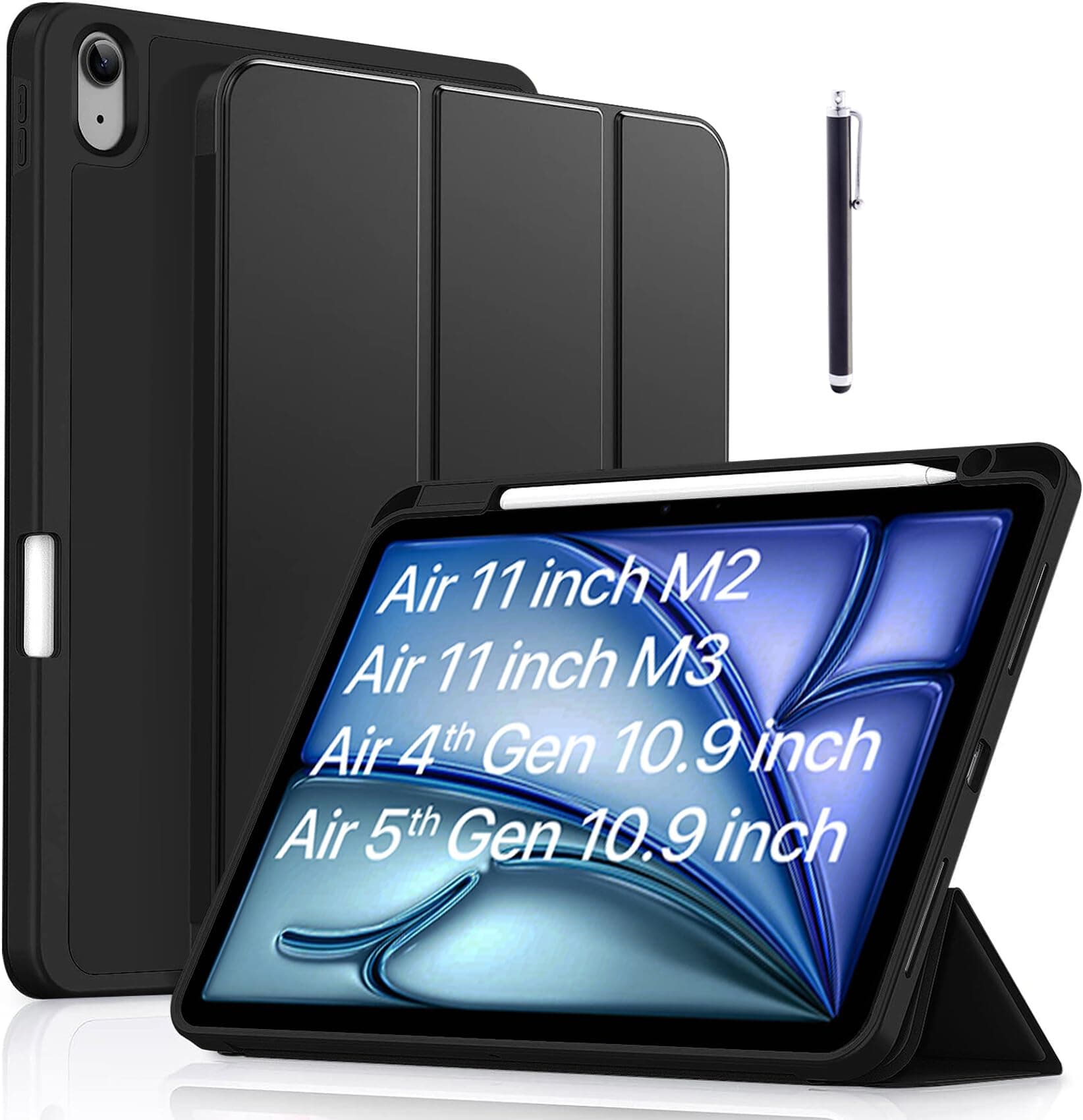 Robustrion Case Cover for iPad Air 11 inch M4/M3/M2 (2024/2025/2026)/iPad Air 4th 5th Generation Cover 10.9" with [Pencil Holder Right Side][Flexible Back][Auto Sleep Wake] and Stylus Pen - Black