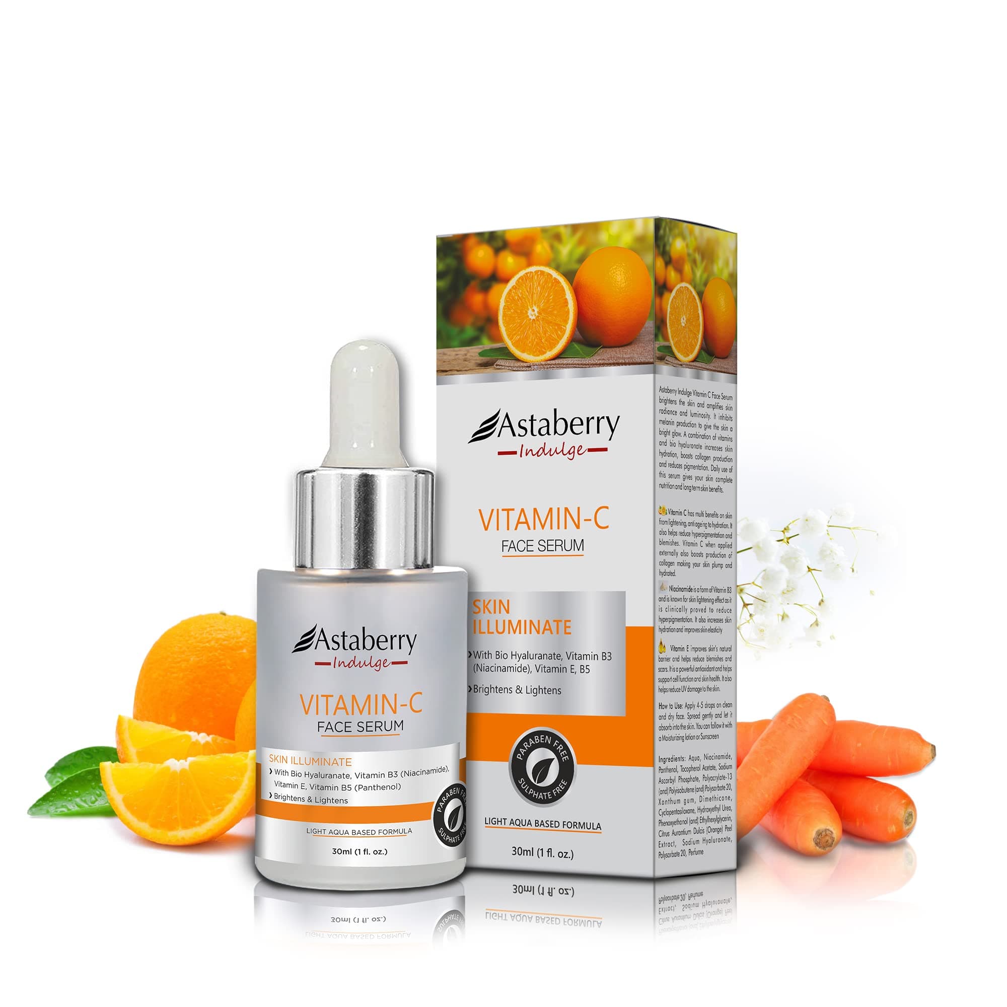 Astaberry Indulge Vitamin C Face Serum for Brighten Skin with Orange Peel Extract | For even skin tone | Hydrates the skin | With Bio Hyaluronate | Vitamin B3 & Vitamin E- Net content -30 ml