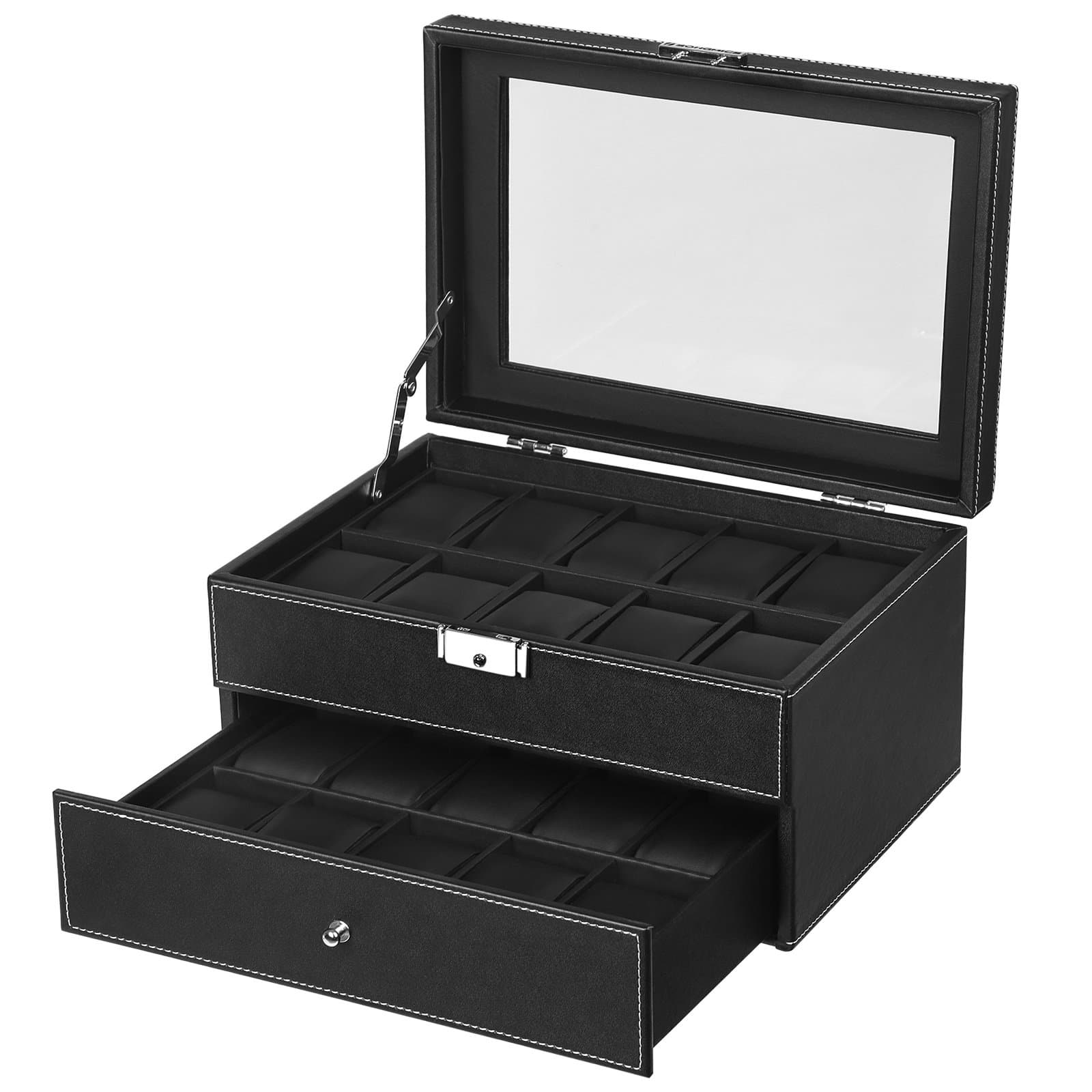 SONGMICS 20 Watch Box Mens Lockable Organizer Black Display Case with Glass Top UJWB301