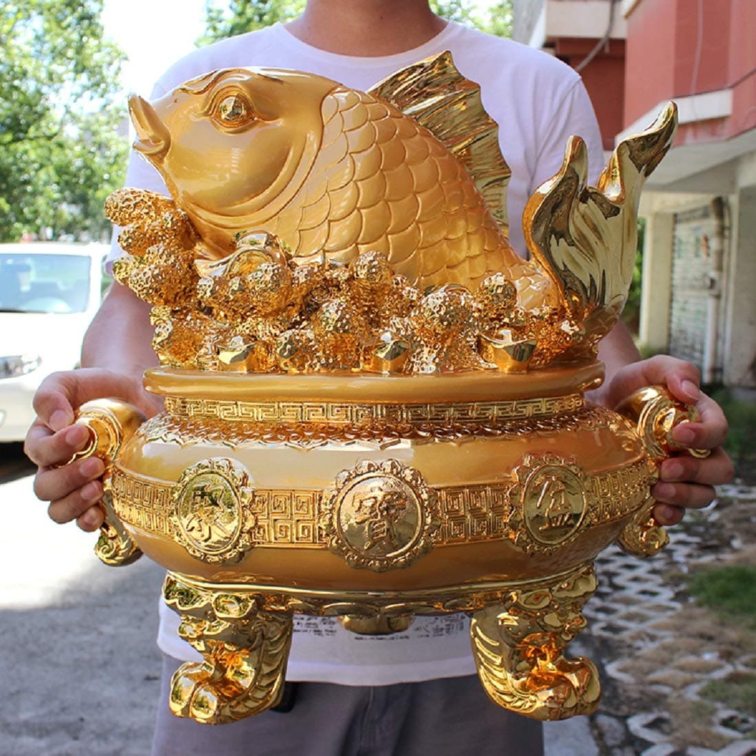 Feng Shui Golden Arowana Fish Pot for Strong Wealth Symbol & Protects from Mishaps, Troubles (Resin Made 29cm Height)