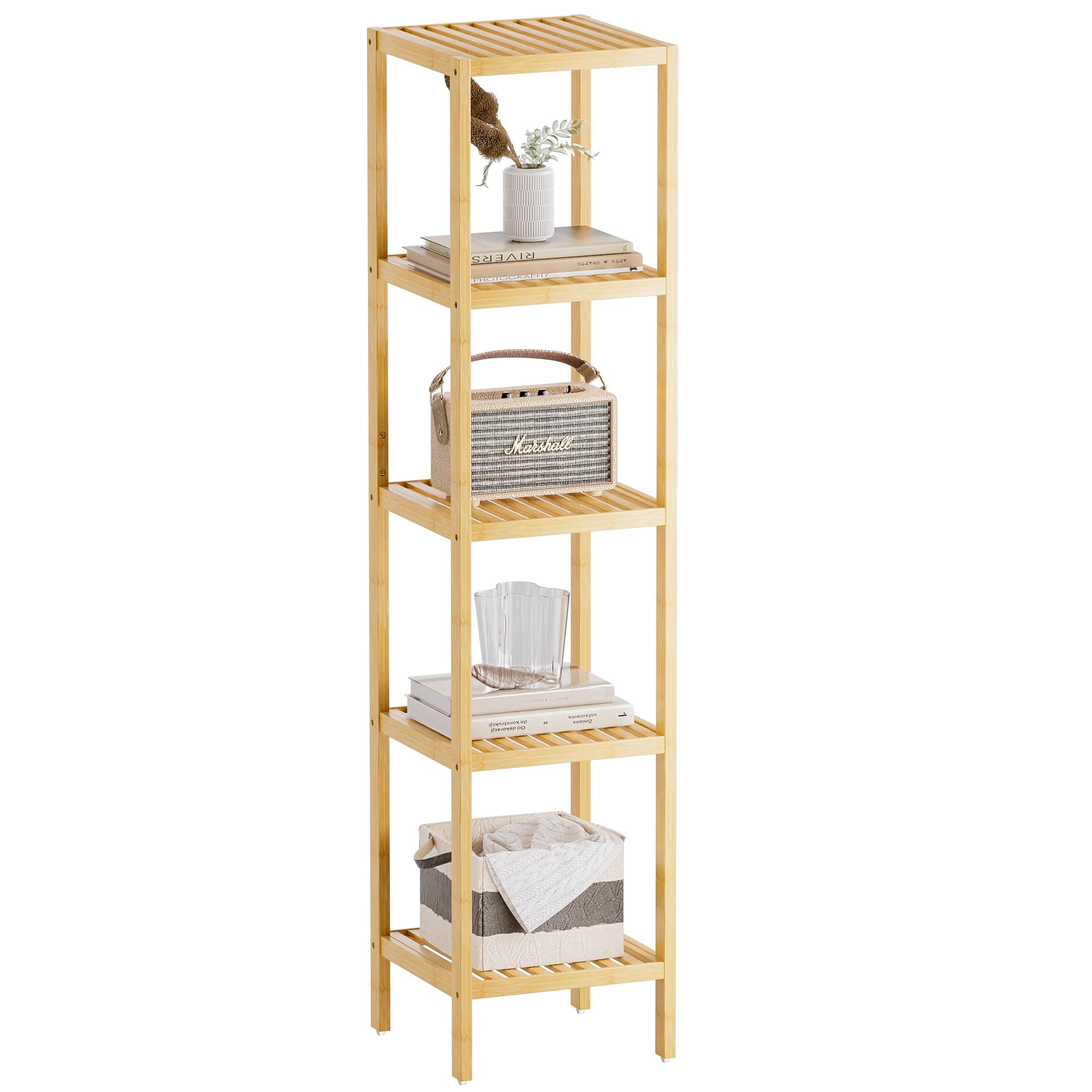 SMIBUY Bathroom Storage Shelf, 5-Tier Bamboo Rack Organizer, Multifunctional Shelving Unit for Living Room Bedroom Kitchen (Natural)