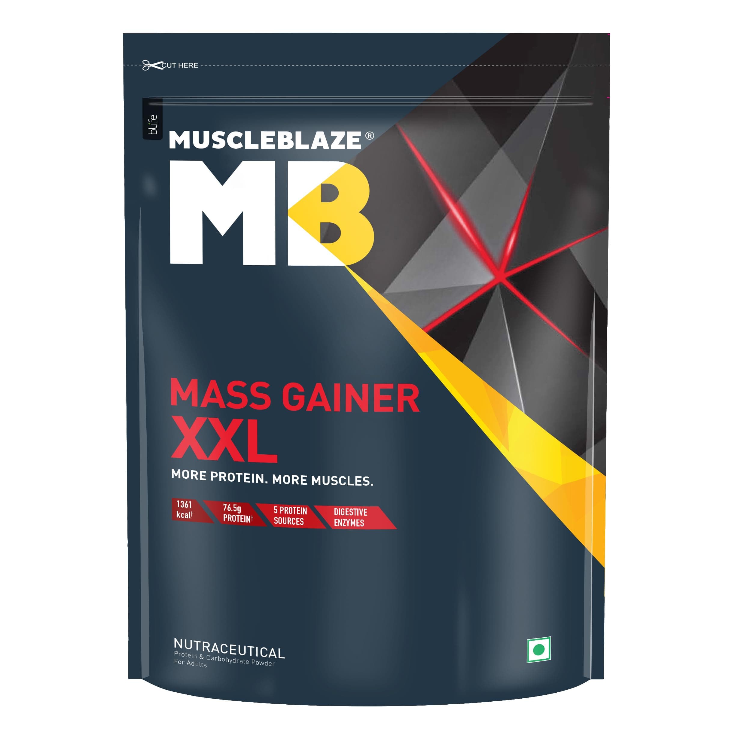 Mass Gainer XXL (Chocolate, 1kg / 2.2lbs, 10 Servings) | With Complex Carbs, High Protein & Digestive Enzymes, Powder