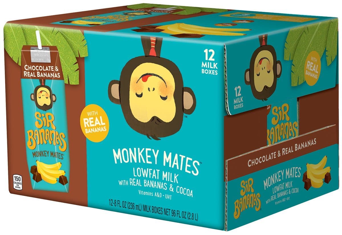 Sir Bananas Monkey Mates, Chocolate Bananamilk, 8 oz (6 ct), Low Fat Milk with Real Bananas and Cocoa in Individual, Single Serve Milk Box Cartons Ready to Drink, with 8 Grams of Protein