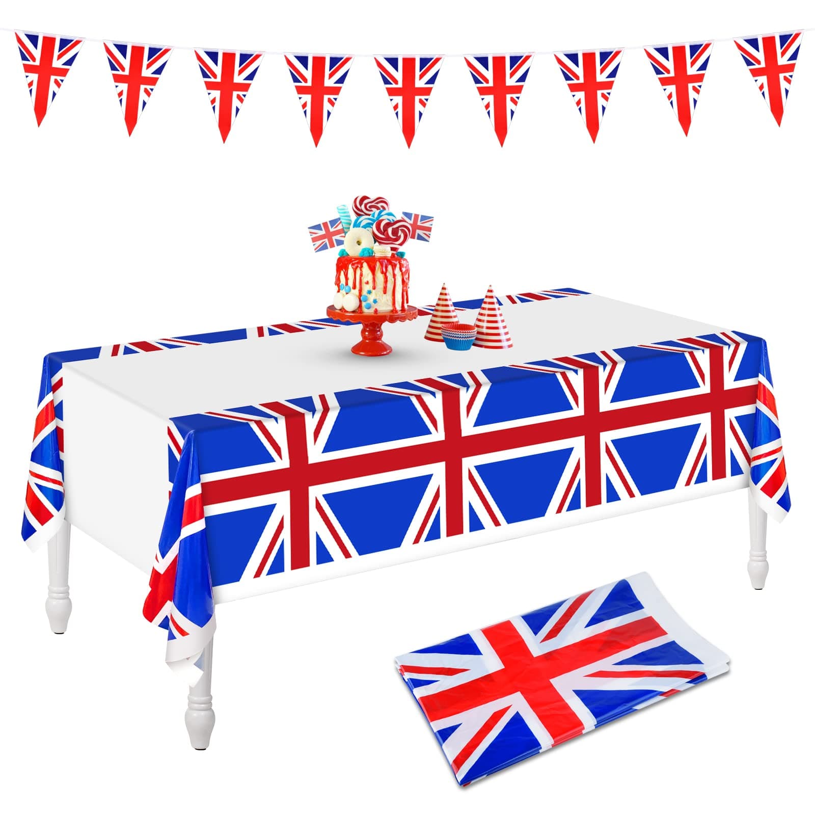 ELECLAND Union Jack Bunting Flag with Union Jack Tablecloth Plastic UK Flag Table Cover for Queen's Platinum Jubilee 2022 Decorations