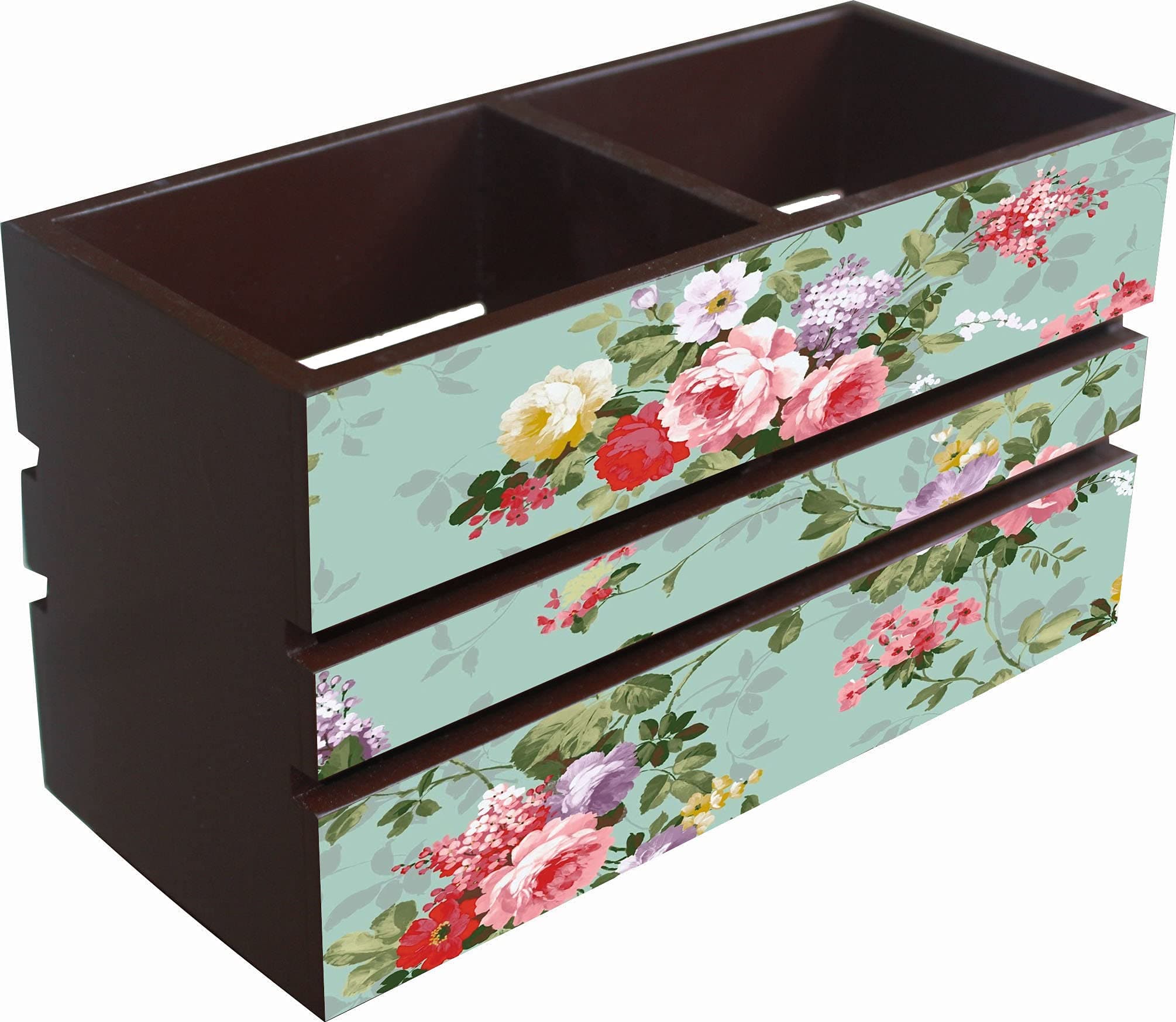 Enigmatic Woodworks Wooden Cutlery Holder Pen Stand | Multipurpose Stand | Table Organizer with 2 Wooden Compartment | Spoon Holder | Pen Holder, Brown Color, Vintage Flower