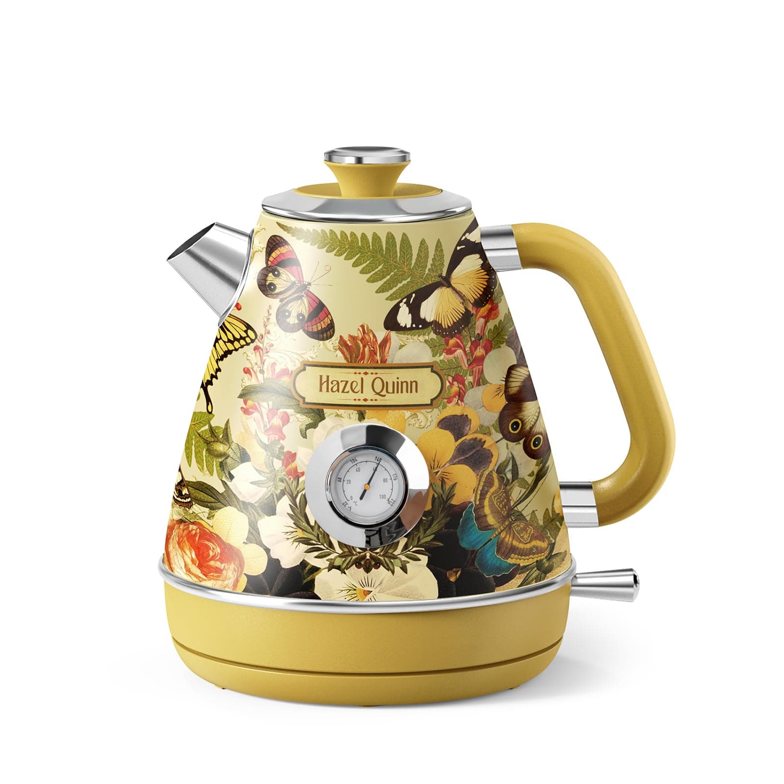 X Eduardo Recife Electric Kettle - 1200W Fast Water Boiling, 1.7L/57oz, All 304 Stainless Steel Interior, BPA-Free, Auto Shut-Off, Cordless Retro Teapot with Thermometer - Floral Patterned