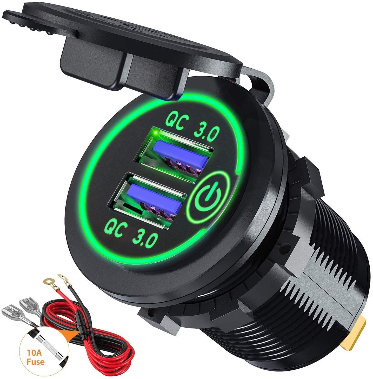 GemCoo 12V USB Outlet 36W QC 3.0 USB Charger Socket with Power Switch, 12V/24V USB Charger Socket Fast Charge for Car RV Boat Marine Truck Golf Motorcycle (Green)