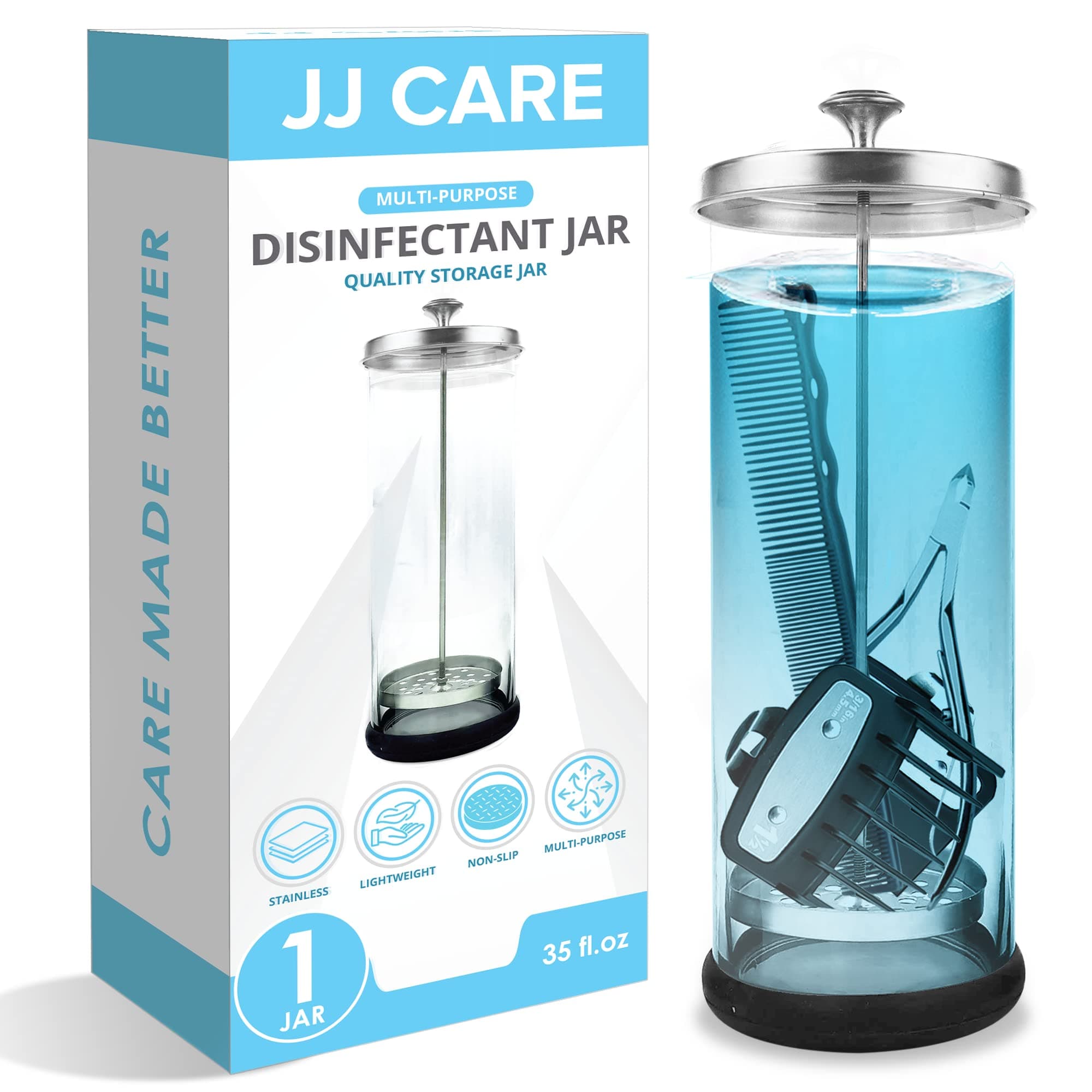 [PREMIUM] Disinfectant Jar 35 Oz. Disinfecting Jar with Removable Basket and Stainless-Steel Parts for Barber Tools - Salon Disinfectant Glass Jar for Manicure and Pedicure Tools Esthetician Supplies