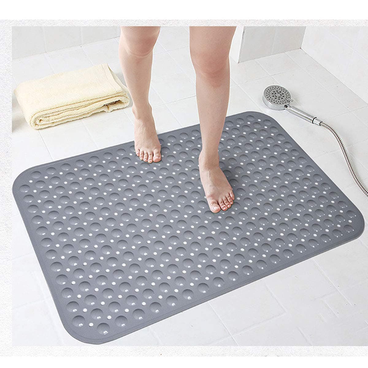 Extra Wide 90x60CM Non-Slip Soft Bath Mat Anti Slip TPR Shower Mat with Strong Suction Cups Non Skid Mats for Bathroom Toilet Hotel, Anti-Bacterial Safety Bathtub Mat,Grey
