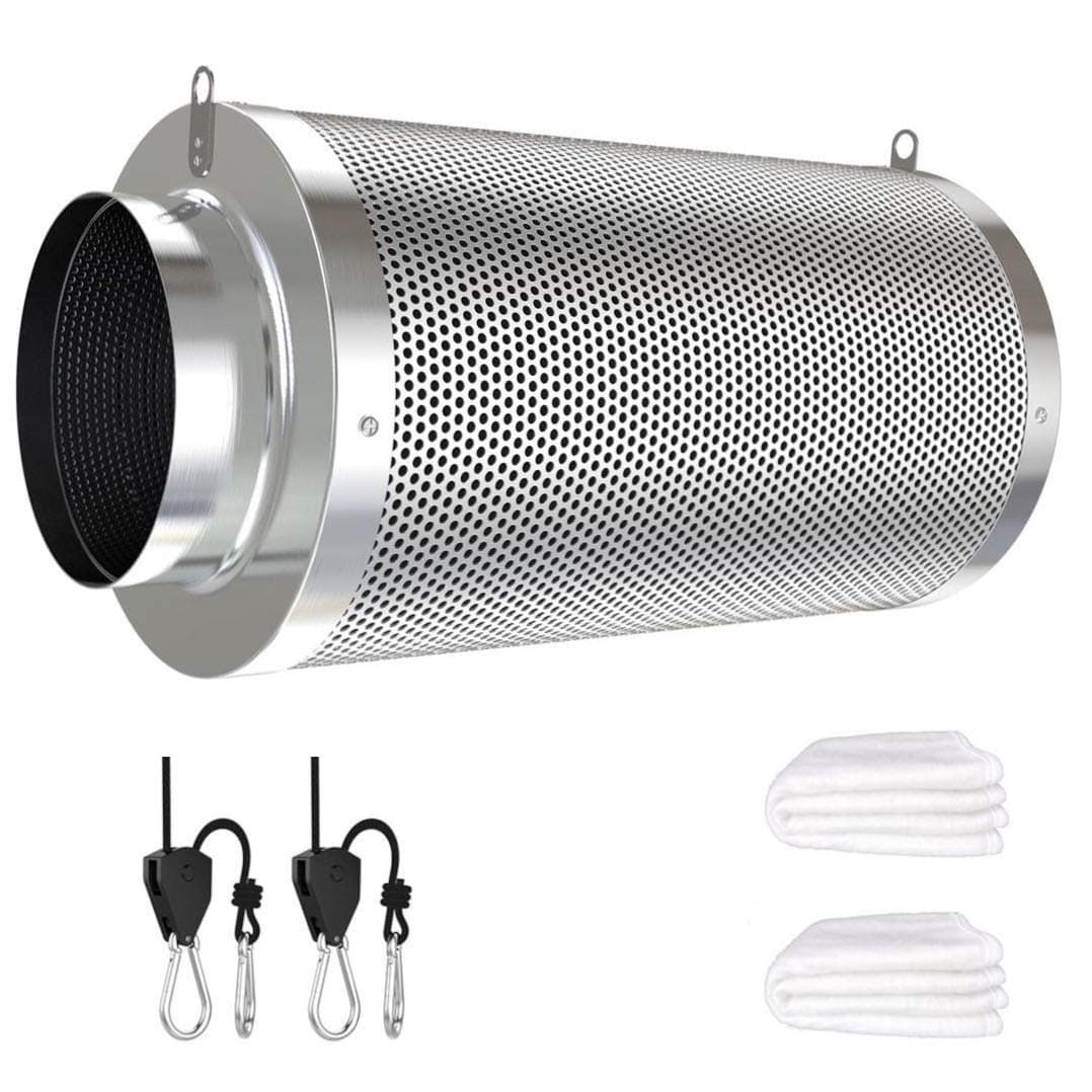 4inch Carbon Filter Odor Control with Australia Virgin Charcoal Two Prefilter 1 Pair Rope Hanger Included for Inline Duct Fan, Grow Tent, Hydroponics, Odor Scrubber