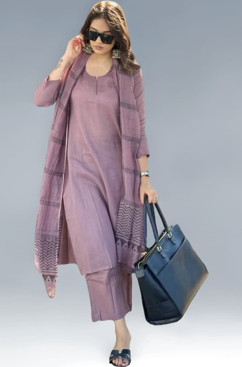 Women's Rayon Blend Solid Straight Kurta with Pant & Dupatta