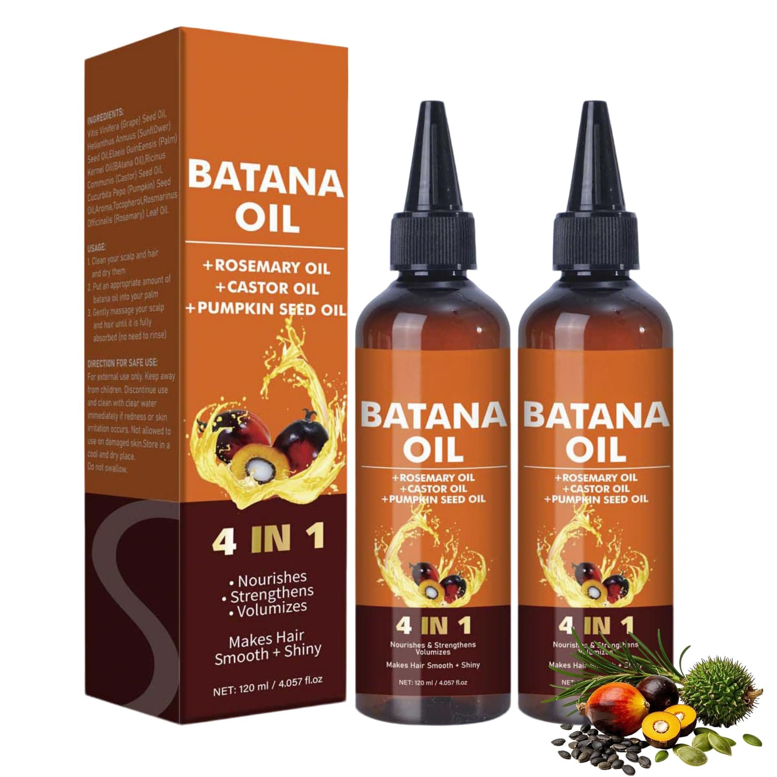 2 Pcs Batana Oil for Hair Growth & Strengthening, 4-in-1 Natural Formula Liquid Batana Oil with Rosemary Castor Pumpkin Seed Oils, Non-Greasy Scalp Care Oil for Dry Frizzy Hair (2 x 120ml)