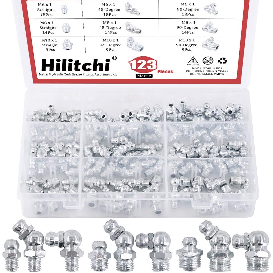 Hilitchi 123Pcs Metric Hydraulic Zerk Grease Fittings Assortment Kit (Metric)